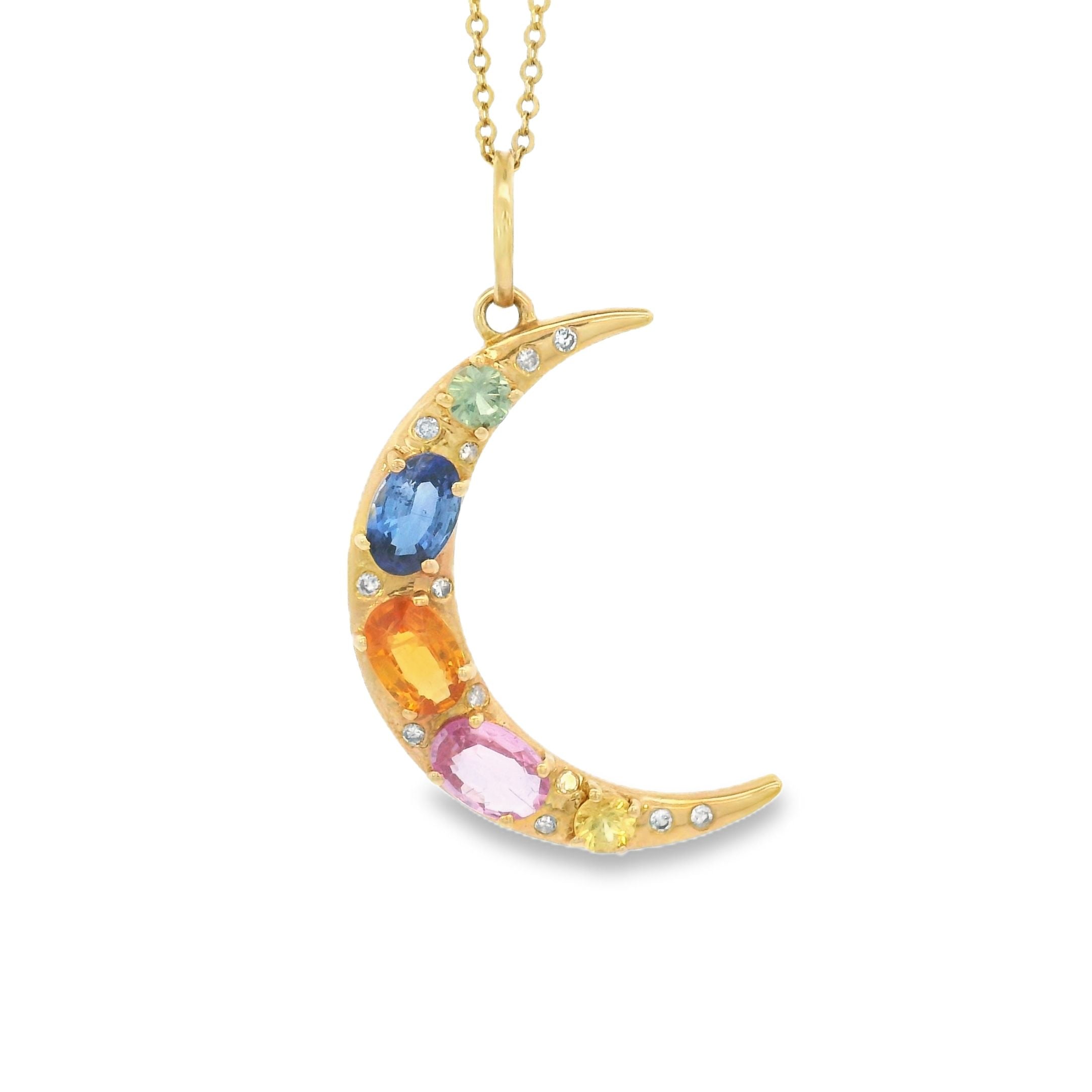 14k Yellow Gold Multi-Sapphire Crescent Moon Charm