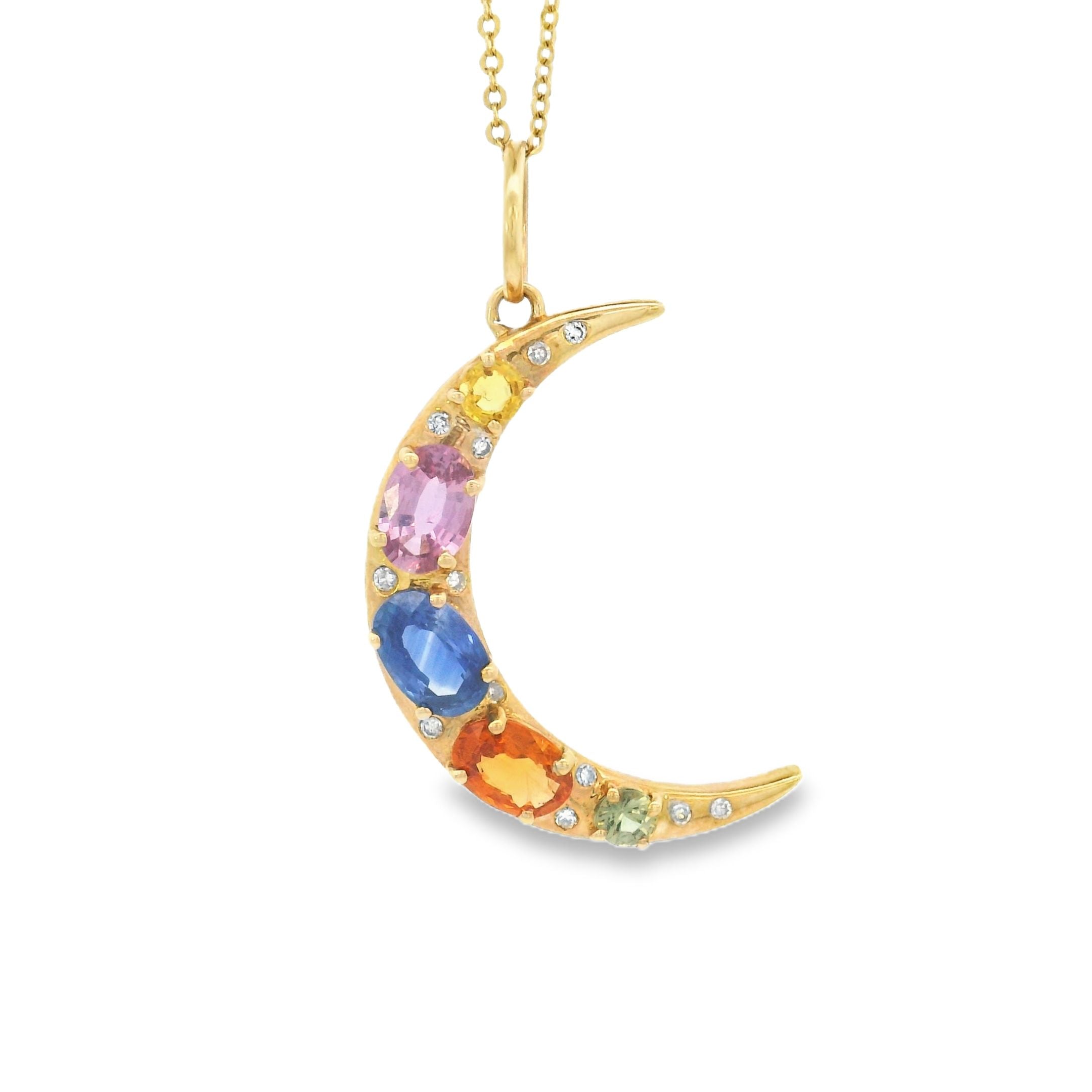 14k Yellow Gold Multi-Sapphire Crescent Moon Charm
