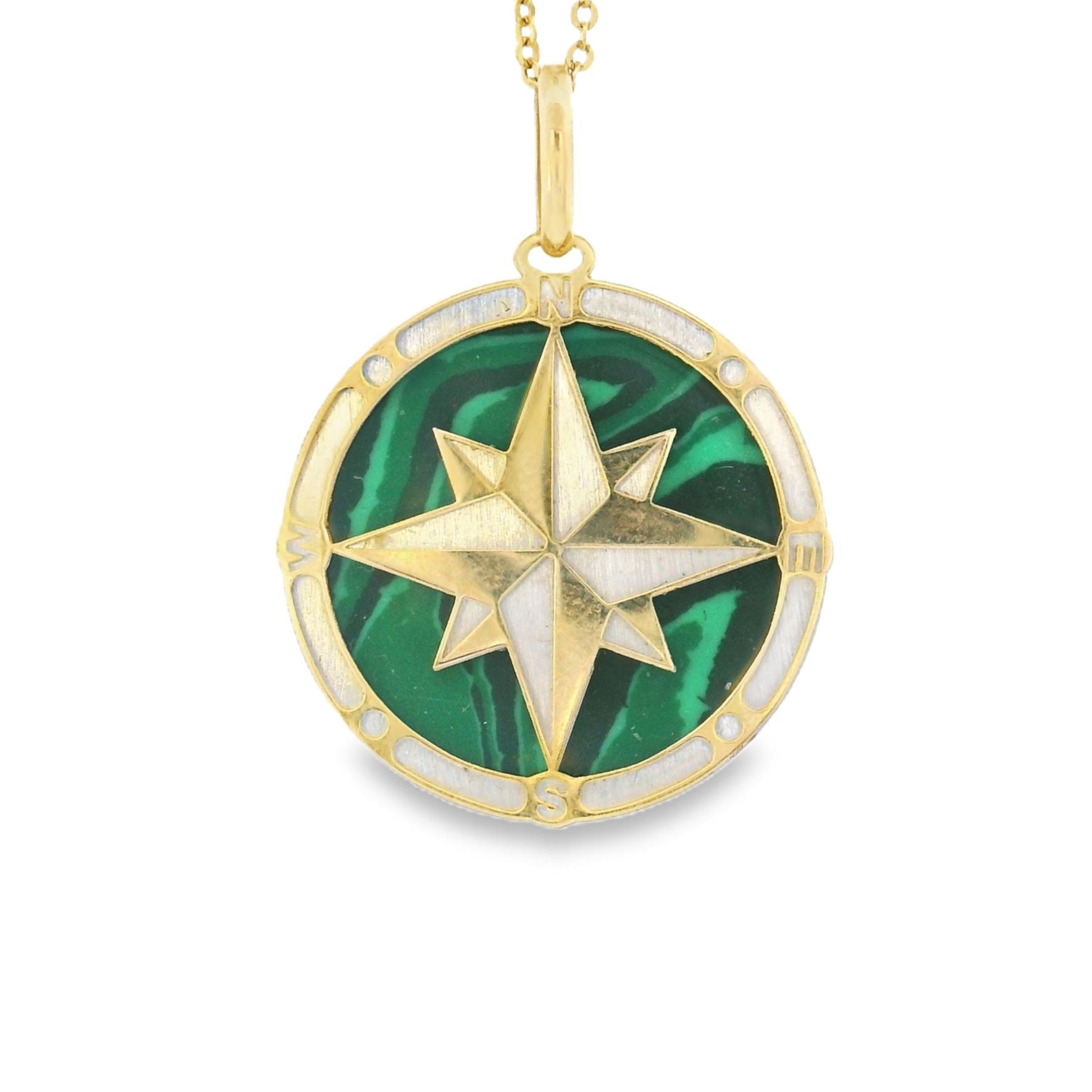 A malachite compass charm set in 14k gold with a chain, displayed against a white background.