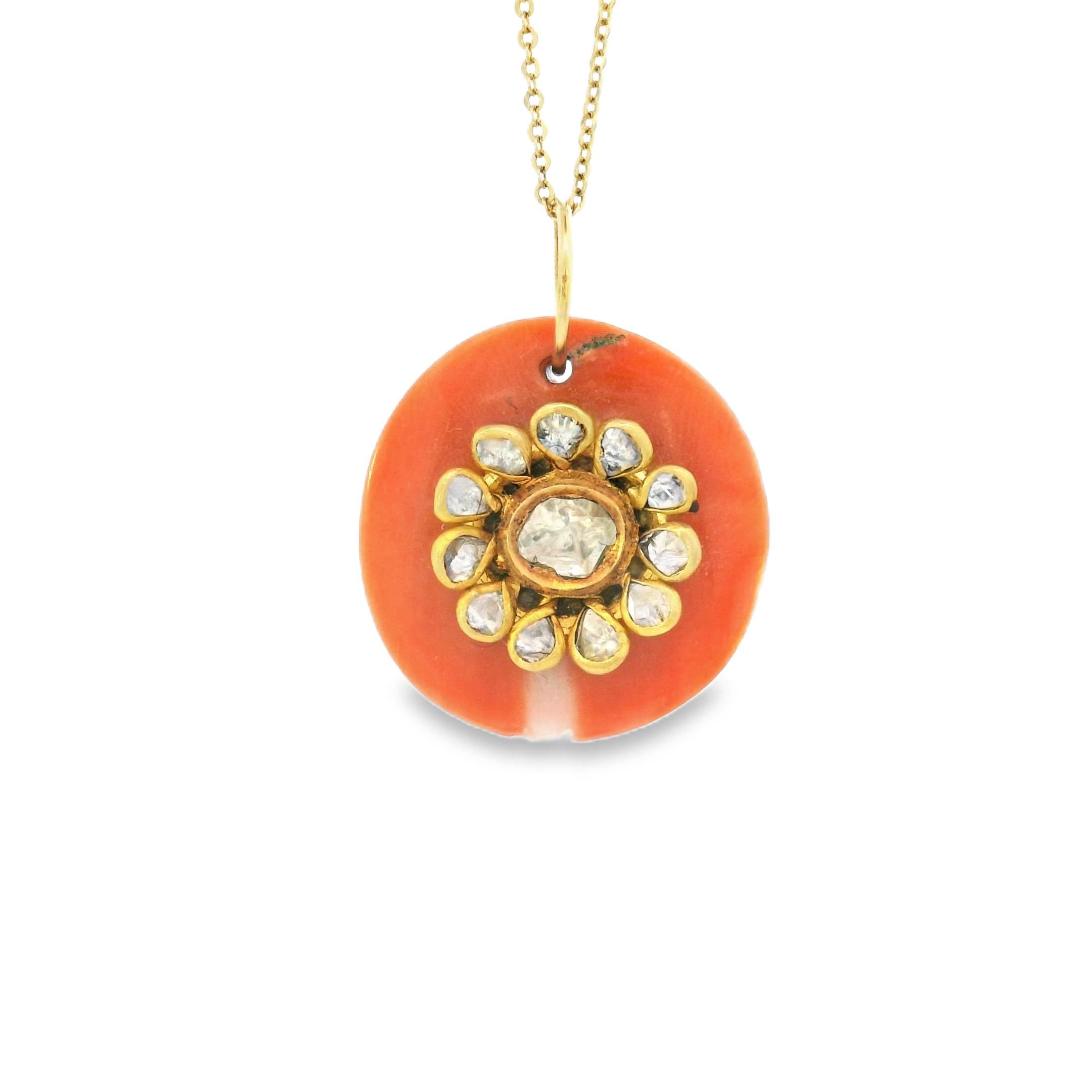 14k Gold Coral and Diamond Floral Circle Charm