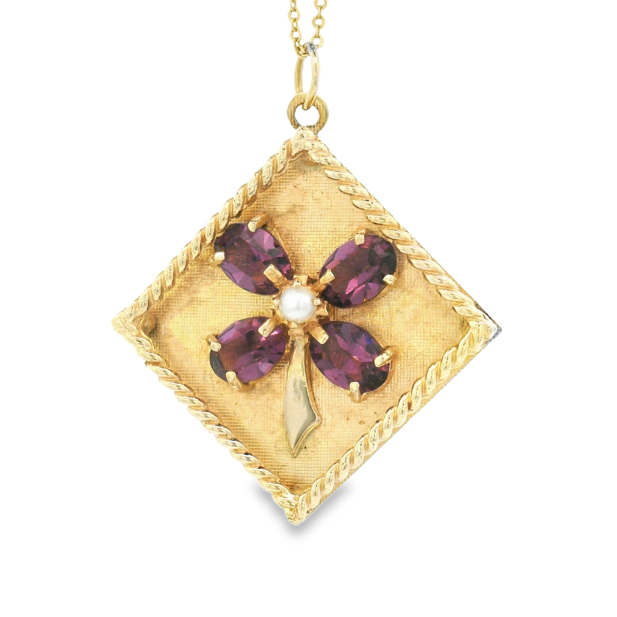 14k Yellow Gold Vintage Amethyst Clover and Pearl Charm