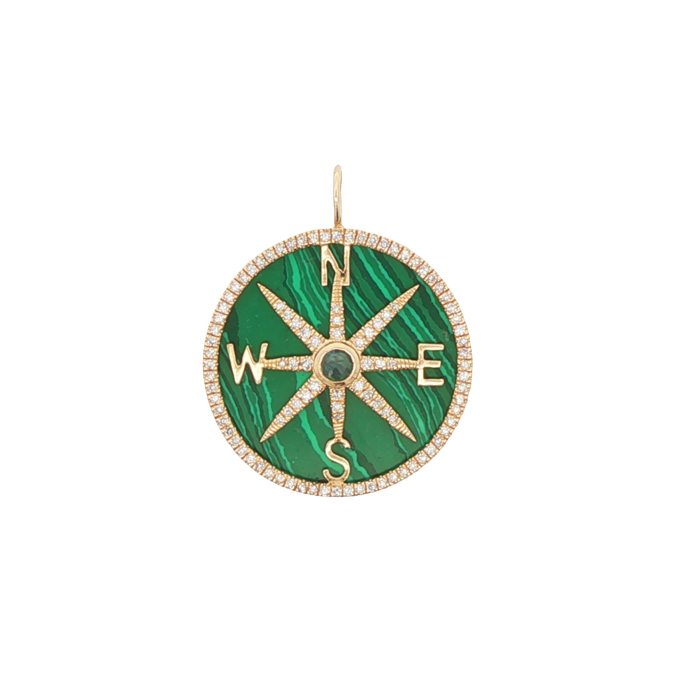 Green compass pendant with gold accents on a white background