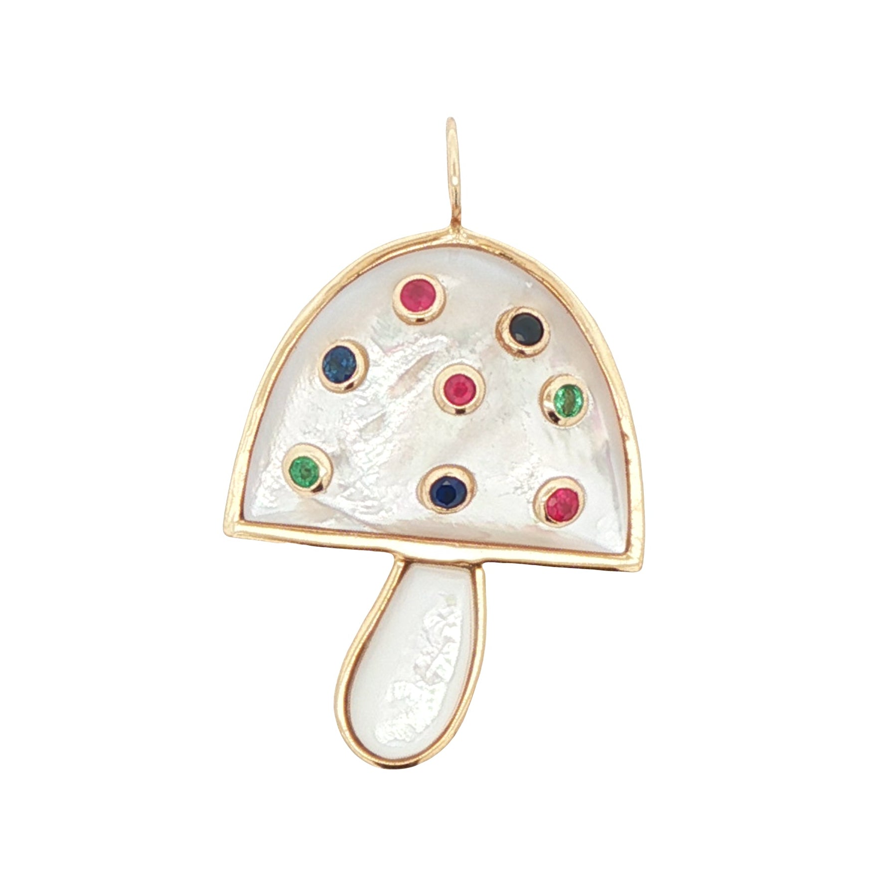 Decorative mushroom ornament with colorful gemstones on a white background