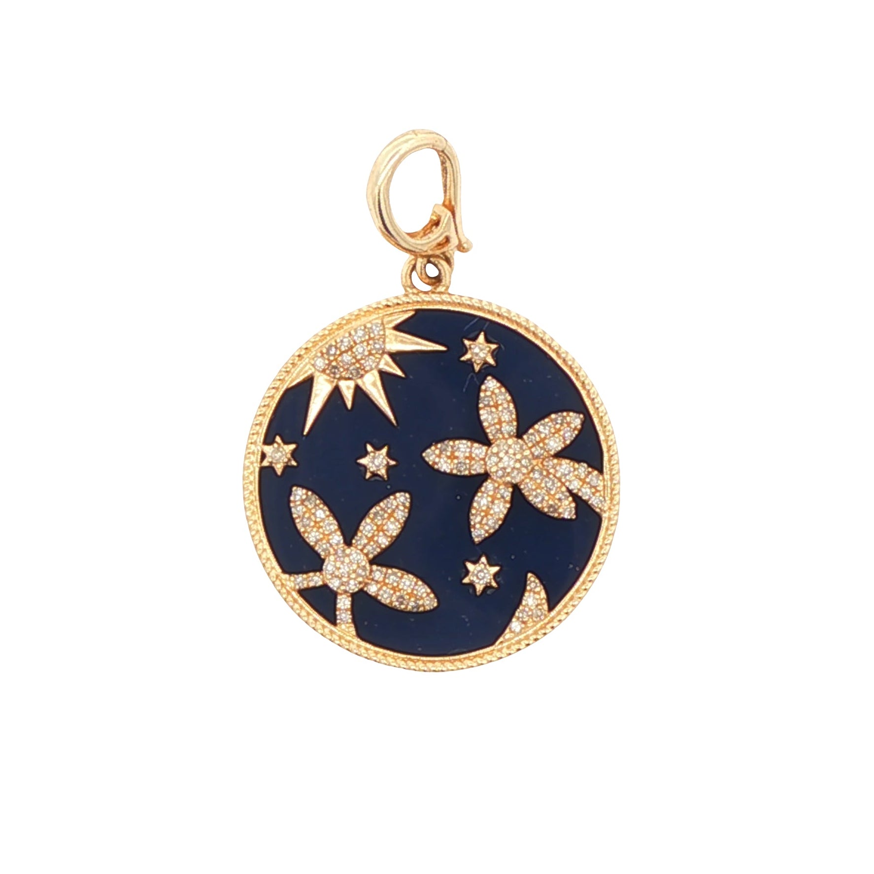Jewelry pendant with starfish and moon design on a white background