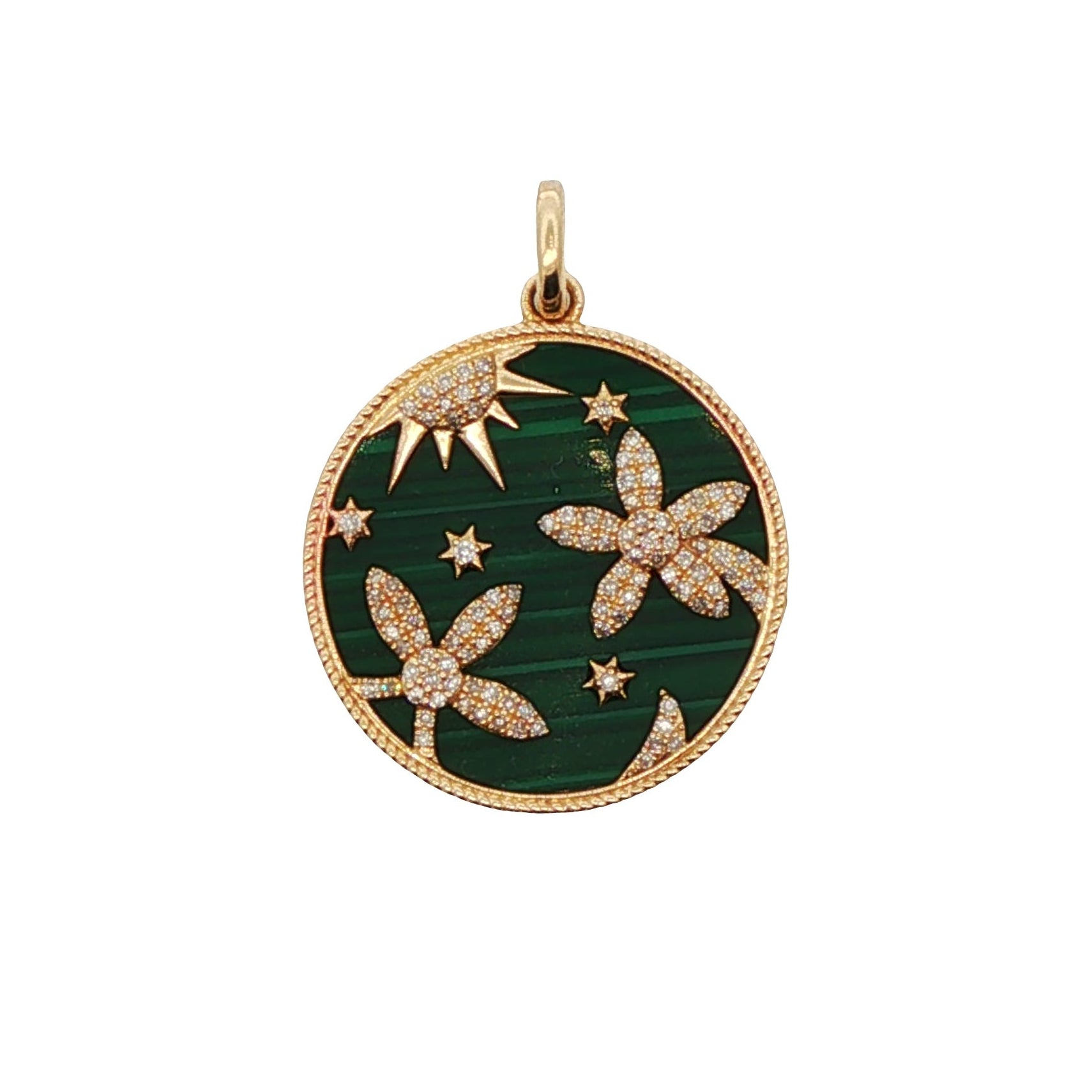 14k Yellow Gold Diamond and Malachite Floral Circle Charm