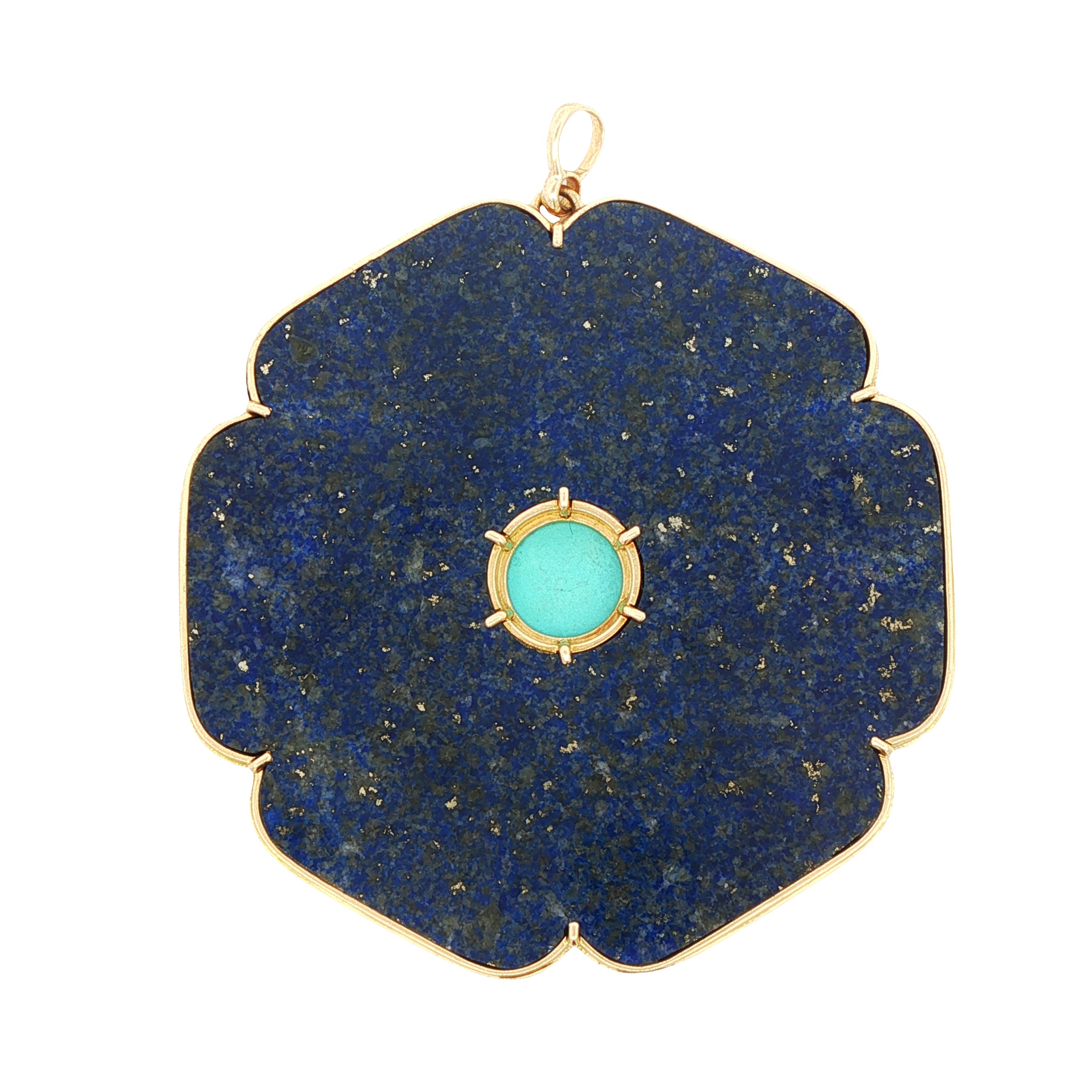 18k Yellow Gold Vintage Lapis Lazuli & Turquoise Floral 1970's French Pendant
