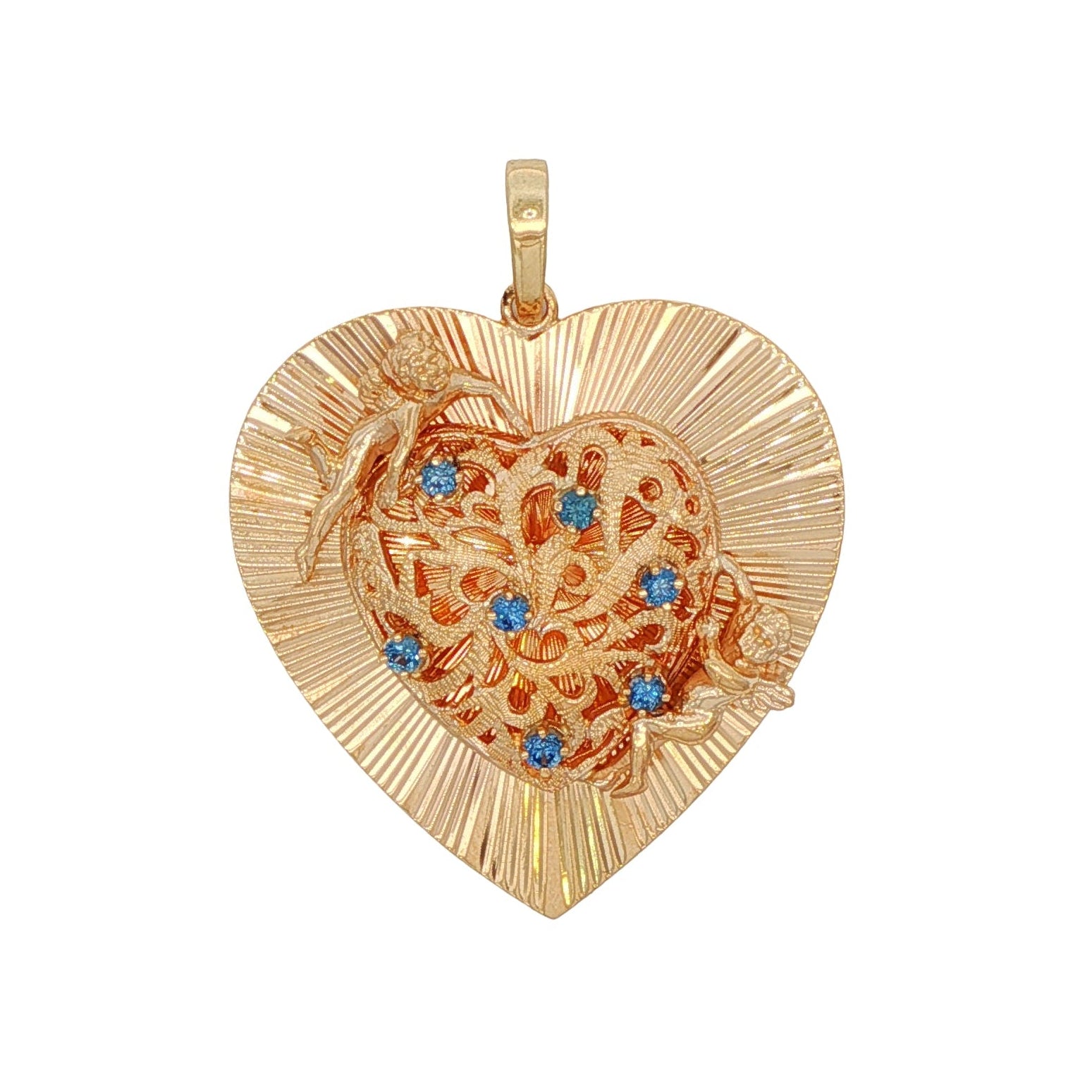 14k Yellow Gold Double Cherub Blue Sapphire Heart Pendant with a Push in Clasp