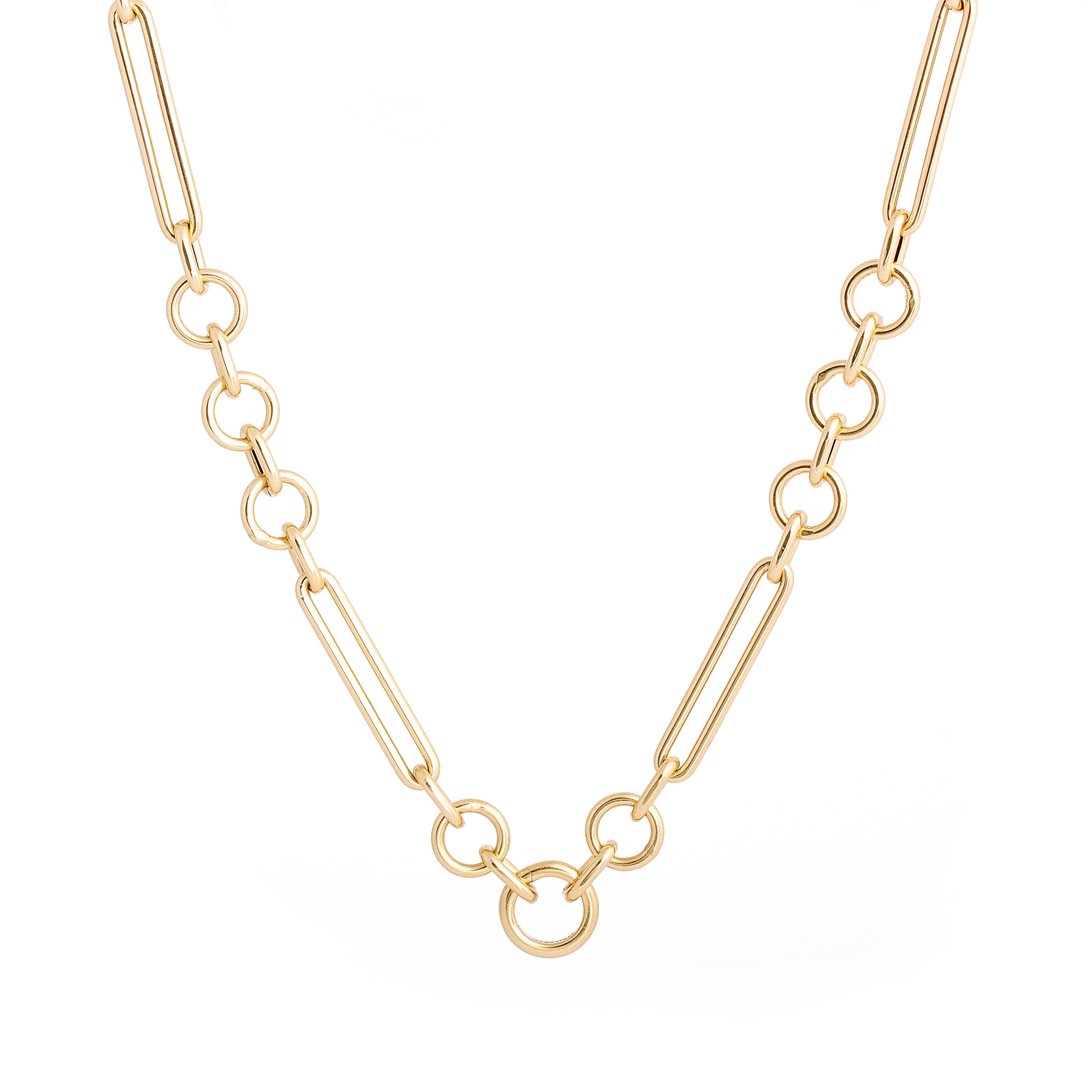 Cadena de eslabones mixtos grandes de oro amarillo de 14 k con cierre de presión circular