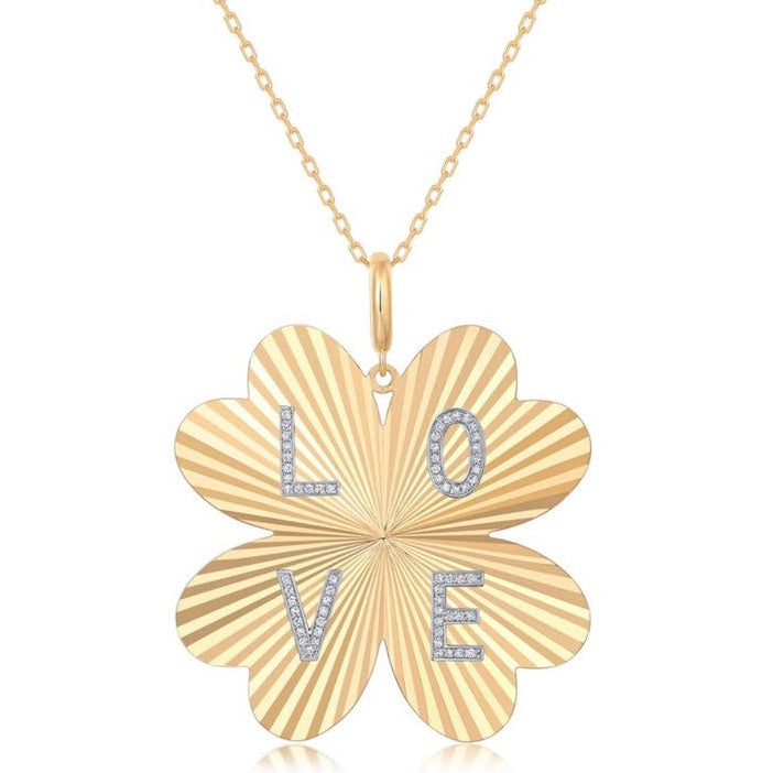 14k Yellow Gold Engine Turned Clover Love Charm