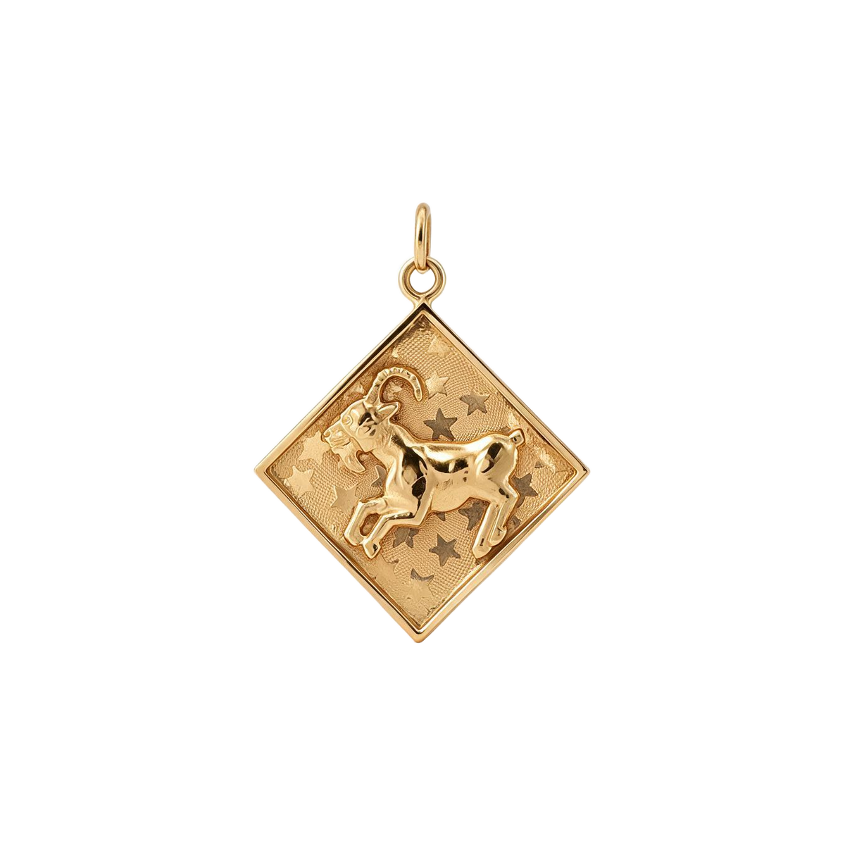 14k yellow gold vintage Aries charm, front, raised ram on a diamond-shaped star-textured plaque