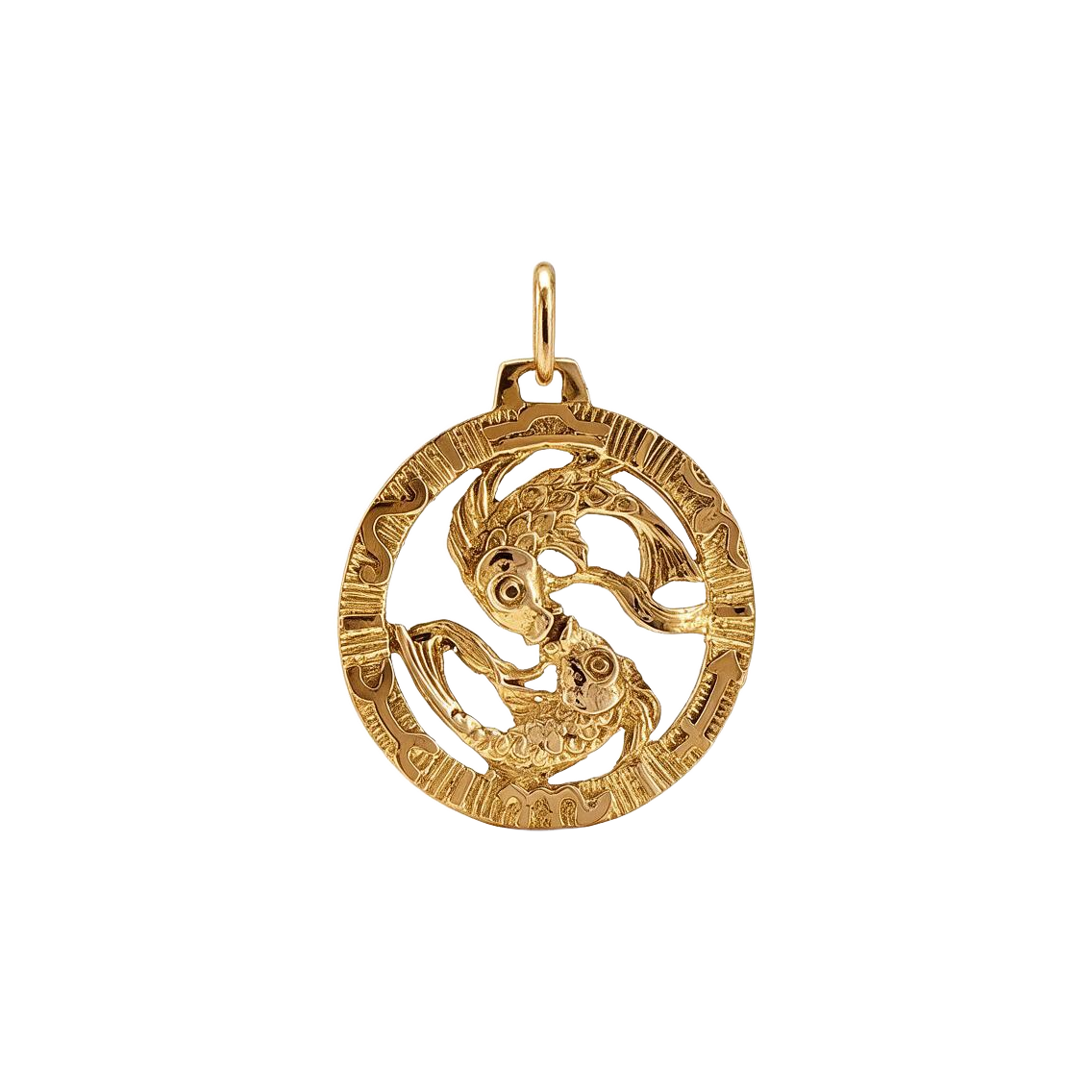 Front of 14k yellow gold openwork Pisces charm with two textured fish circling inside a patterned rim