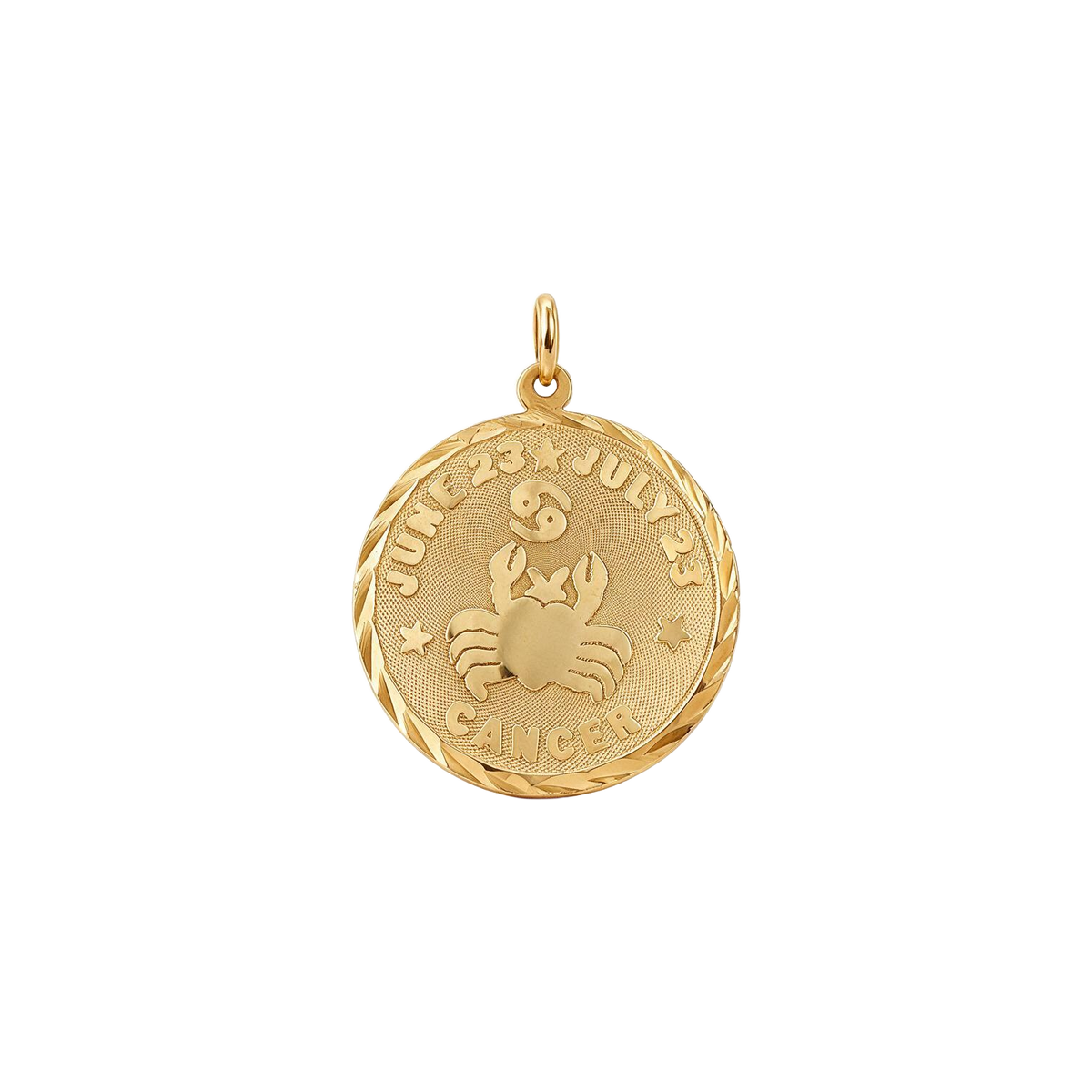 Front of 14k yellow gold Cancer zodiac disc charm with crab, dates and textured ground