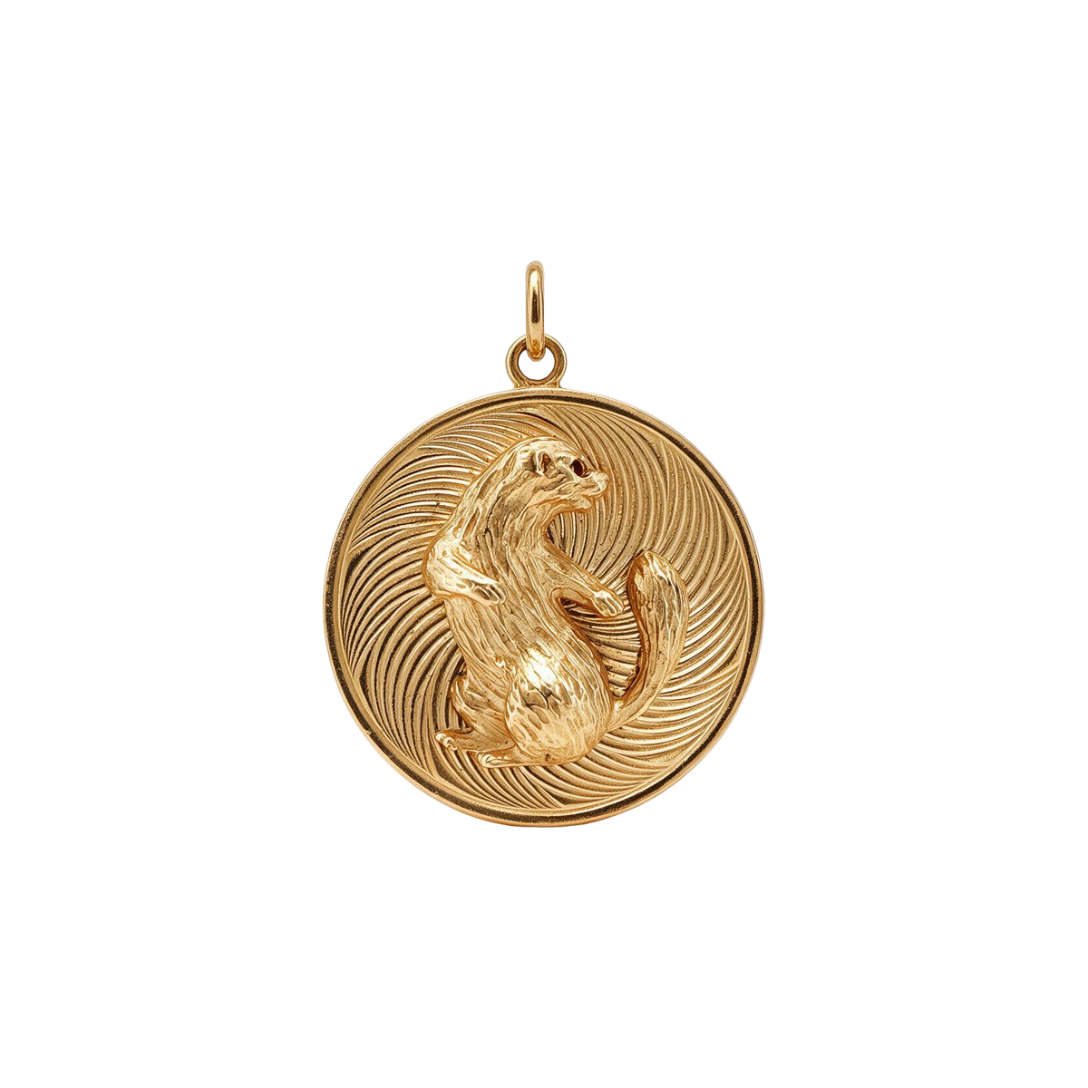 14k yellow gold vintage squirrel charm, front, raised squirrel on a swirled engine turned disc