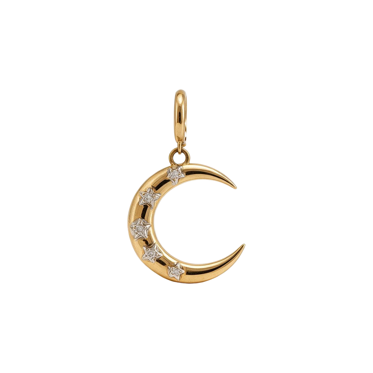 14k yellow gold crescent moon charm set with diamond stars, front