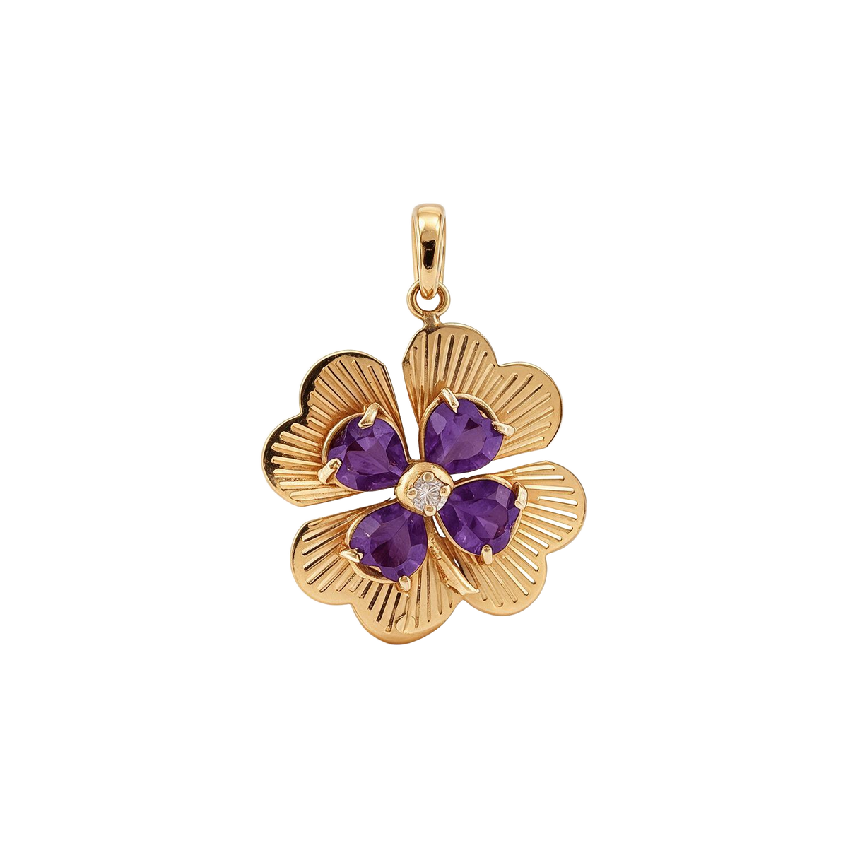 14k yellow gold vintage engine turned four leaf clover charm with heart-shaped amethysts and diamond center
