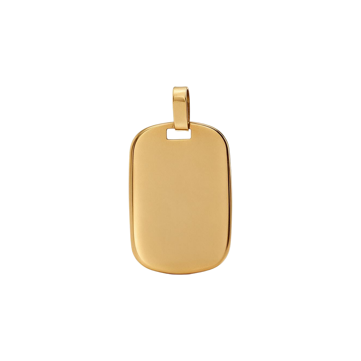 Front of 14k yellow gold vintage dog tag charm, high polish plate with slotted bail, ready for engraving