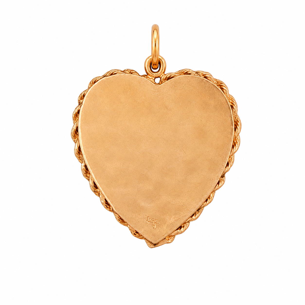 Back of 1950s 14 karat gold heart pendant, solid gold with brushed satin texture and rope-twist border
