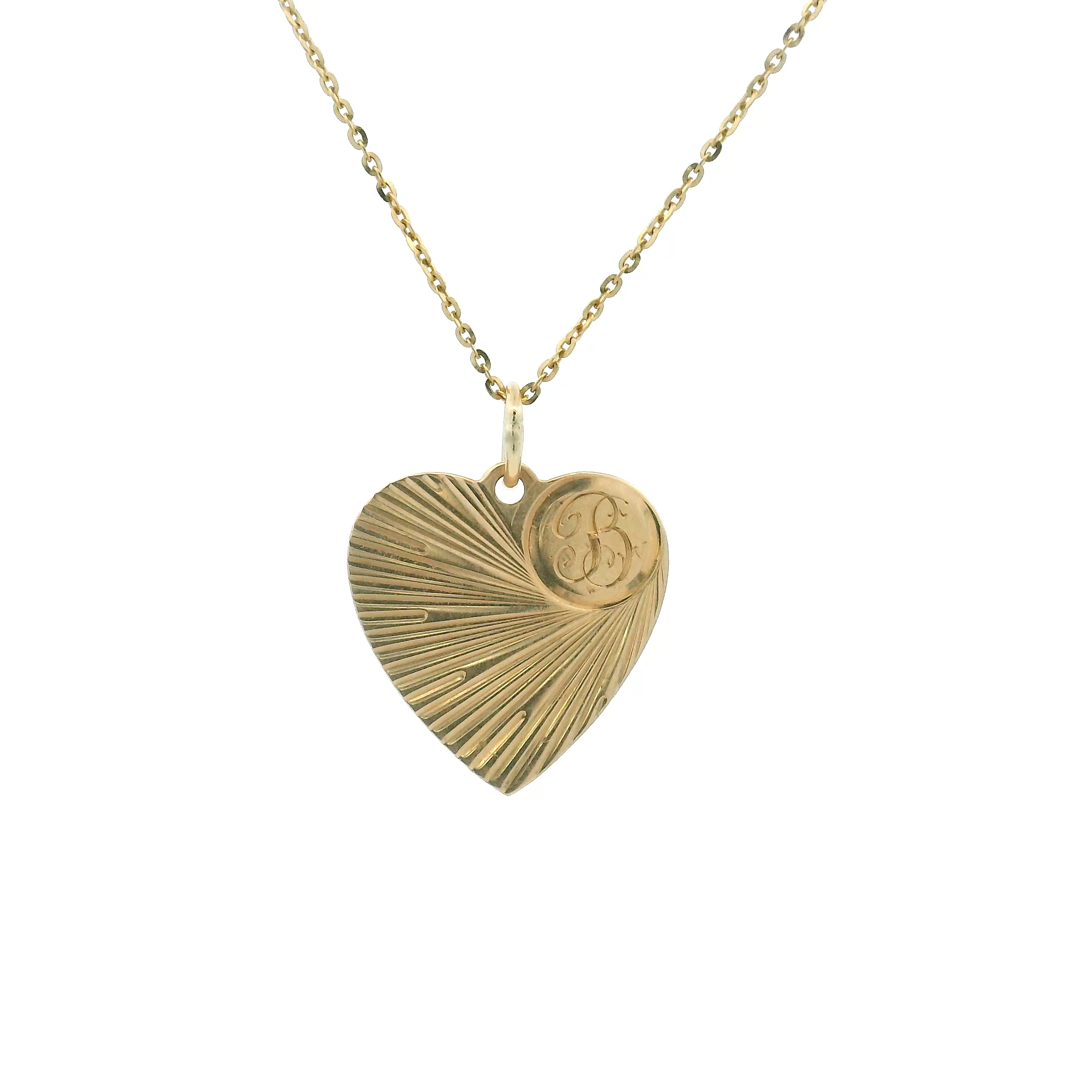 14k Yellow Gold Engine-Turned "B" Heart Charm with Engraving on Back