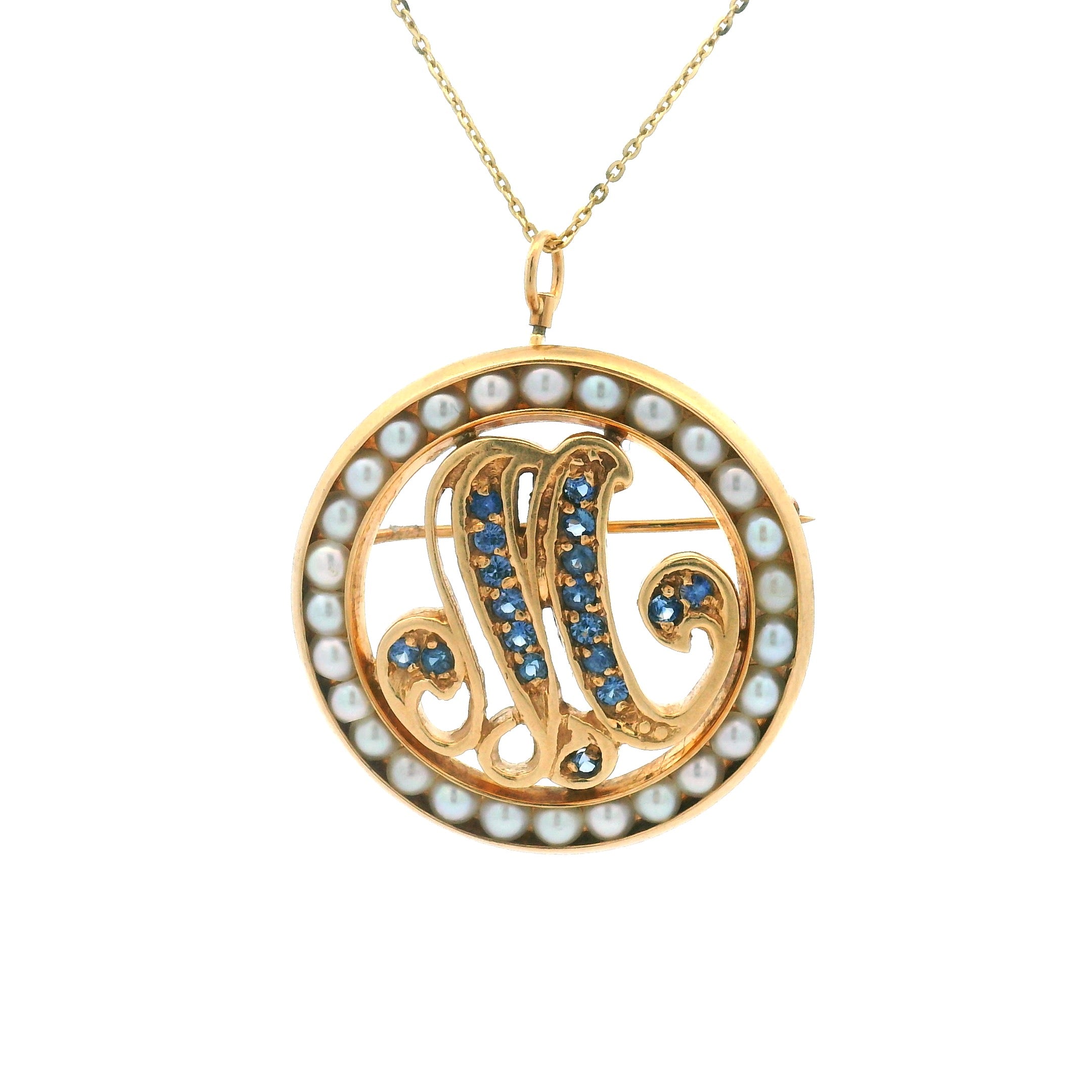14k Yellow Gold "M" Monogram Charm with Blue Sapphires and Pearls
