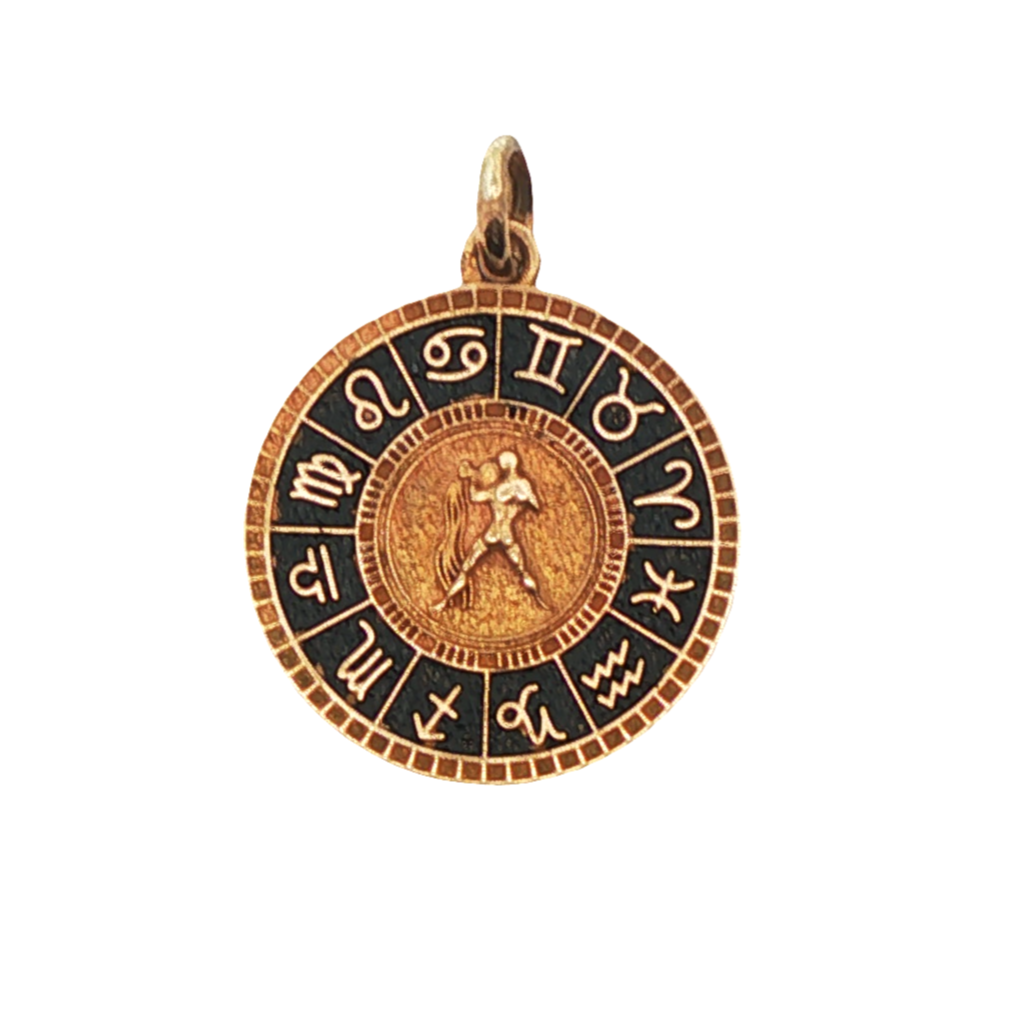 Gold and black zodiac pendant on a white background