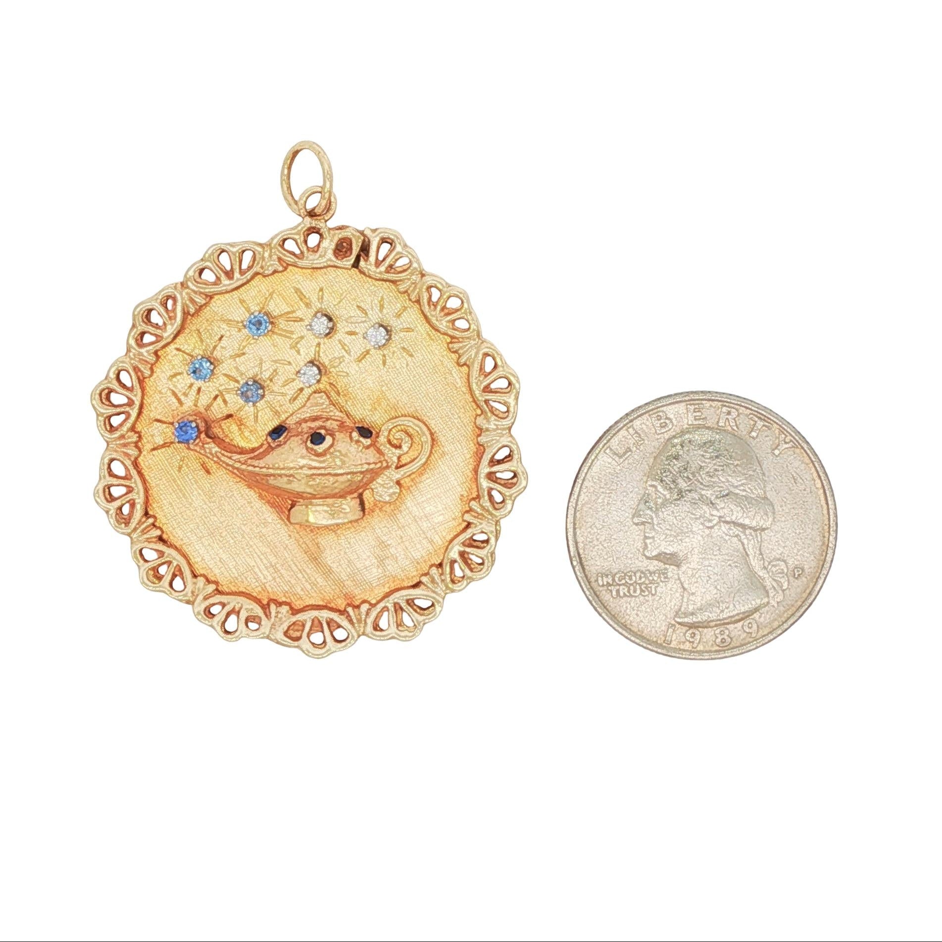 14k Yellow Gold Diamond Sapphire Vintage Lamp Charm