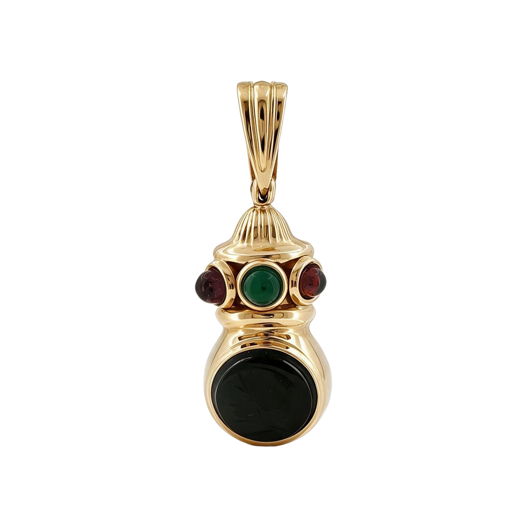 18k gold vintage bloodstone Greek warrior intaglio enhancer pendant with ruby and emerald cabochons