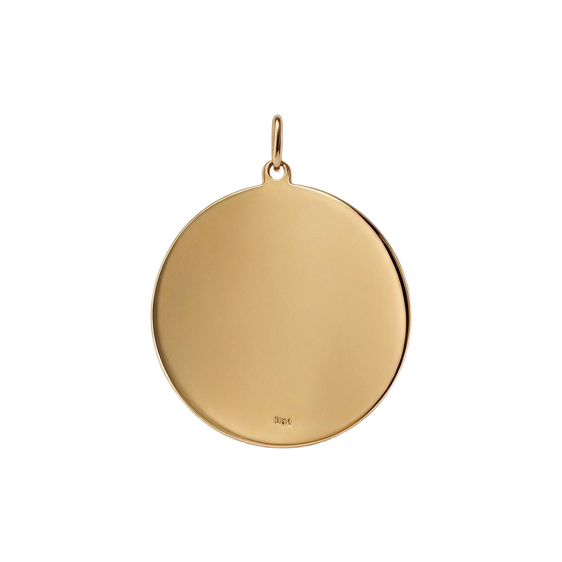Back of 14k gold Mary name medallion charm, smooth polished disc ready for engraving