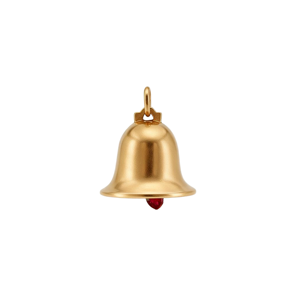 Side view of 14k gold vintage bell charm showing the ruby heart clapper