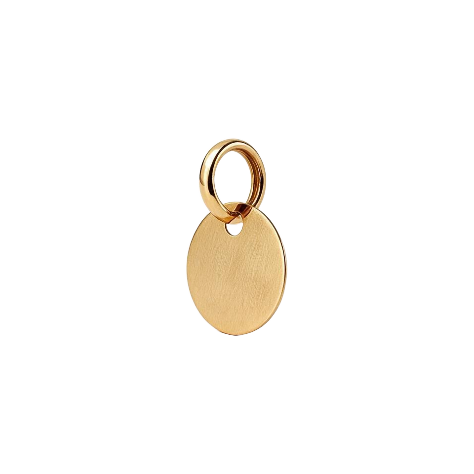 Angled view of small 14k gold engravable round disc charm with jump ring