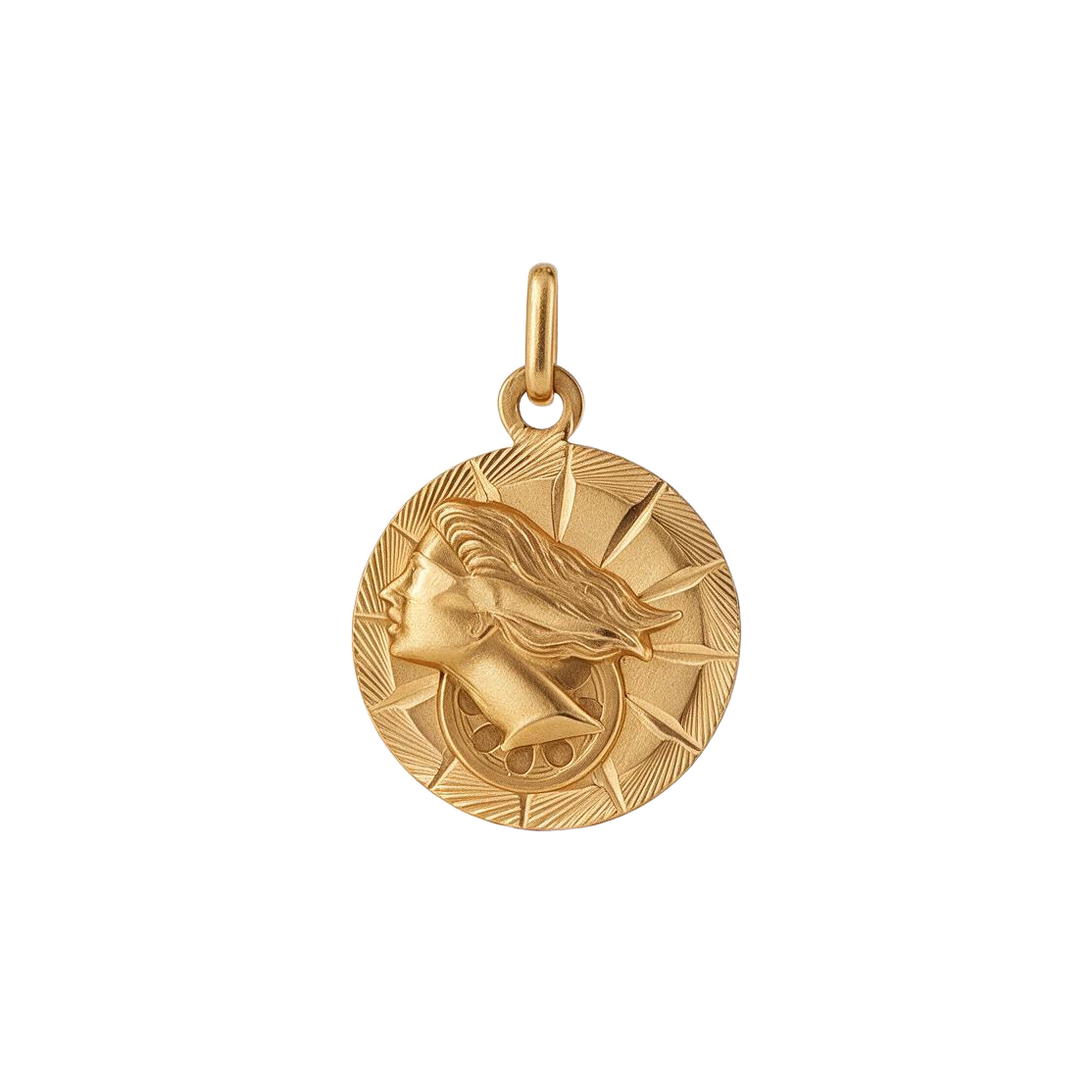 Reverse of 18k gold two sided medallion charm with Lady Fortuna profile over engine turned rays