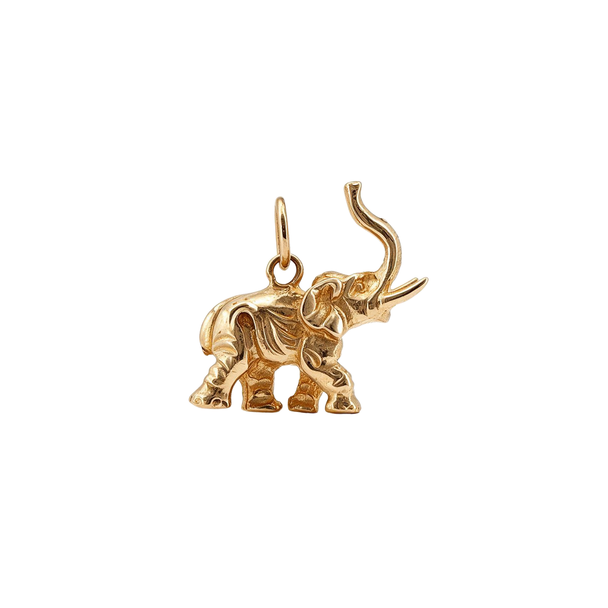 14k gold vintage elephant charm with trunk up, right side view