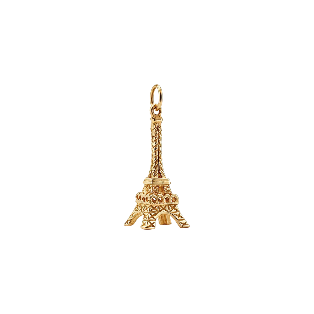 Angled view of 14k gold vintage three-dimensional Eiffel Tower charm