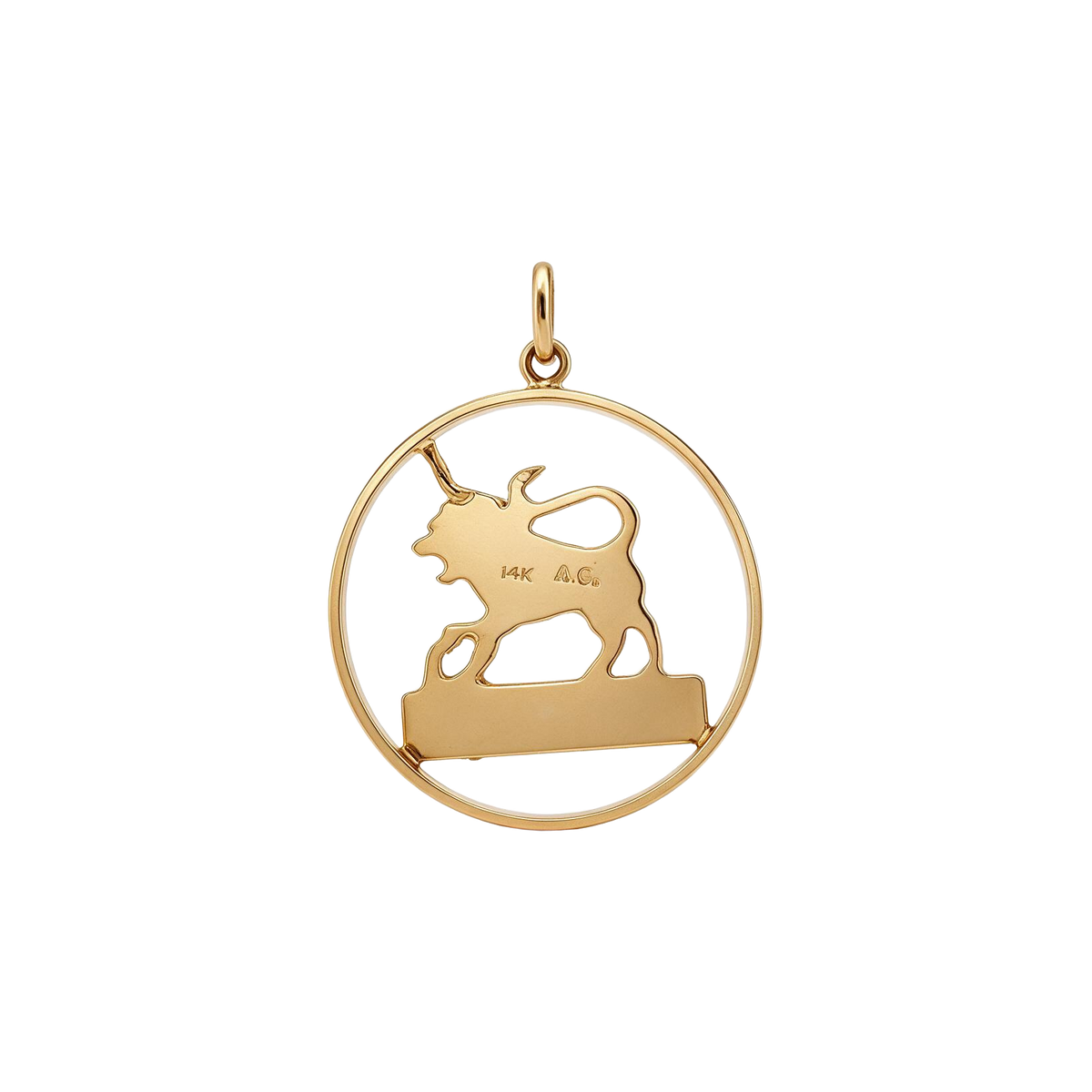 Back of 14k yellow gold openwork Leo lion charm showing the flat back of the lion and plaque