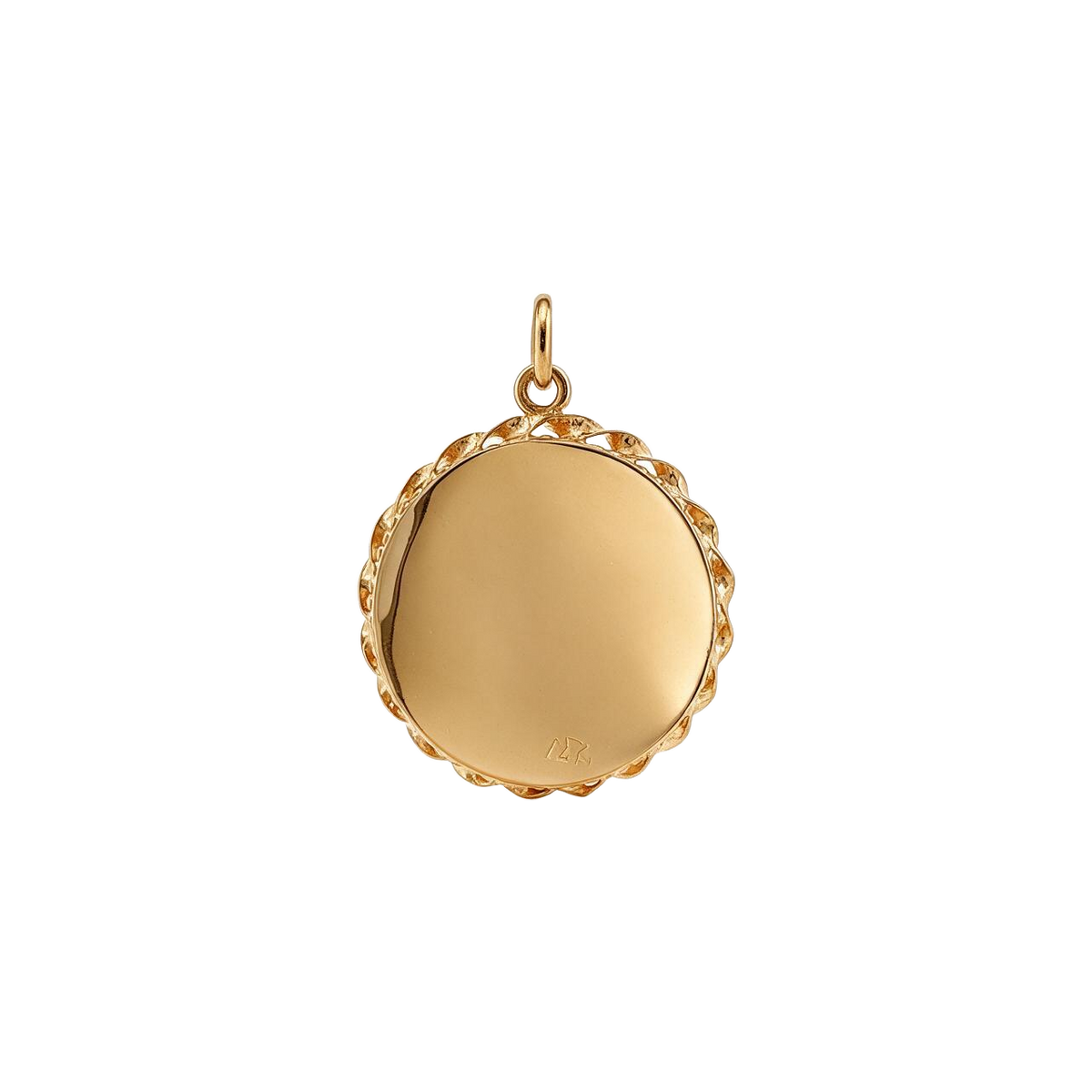 Back of 14k yellow gold Taurus charm, smooth polished disc inside a rope frame, ready for engraving
