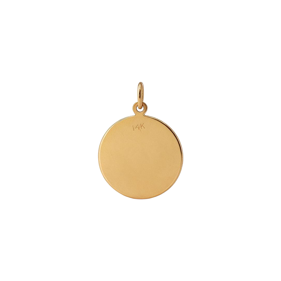 Back of 14k yellow gold Sagittarius disc charm, smooth polished surface ready for engraving