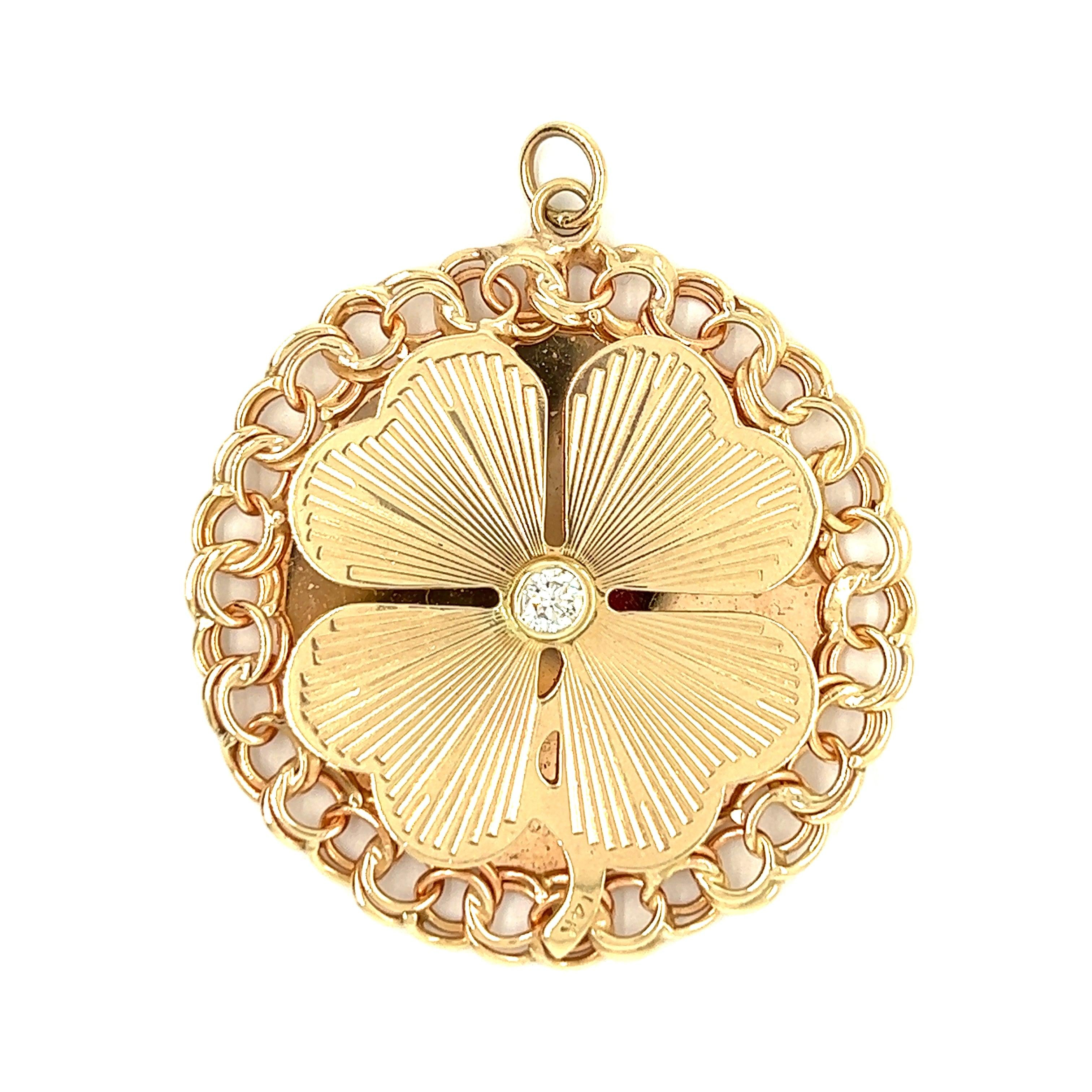 Vintage Engine Turned Diamond Clover 14k Gold Charm