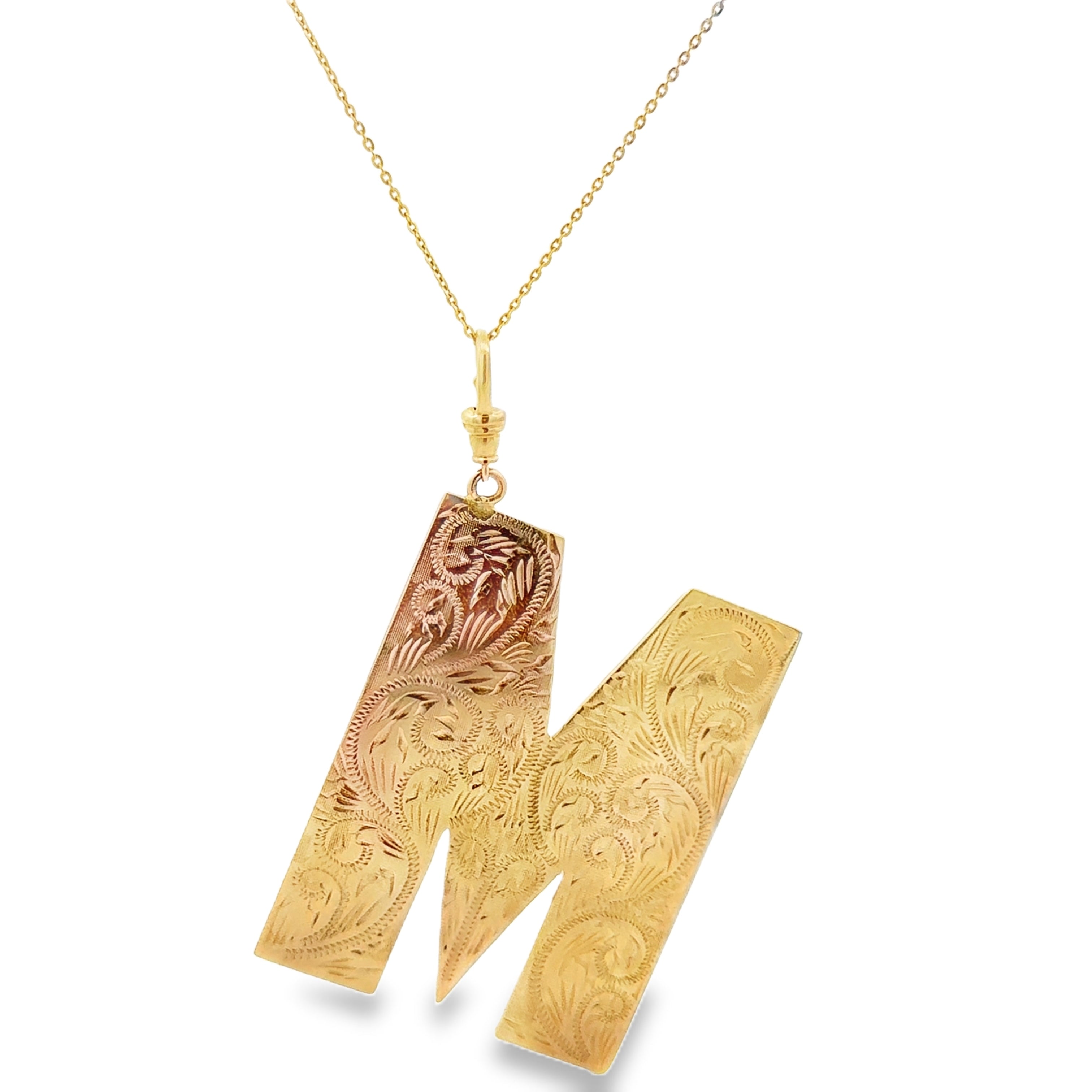 14k Yellow Gold Large Vintage “M” Pendant with Intricate Design