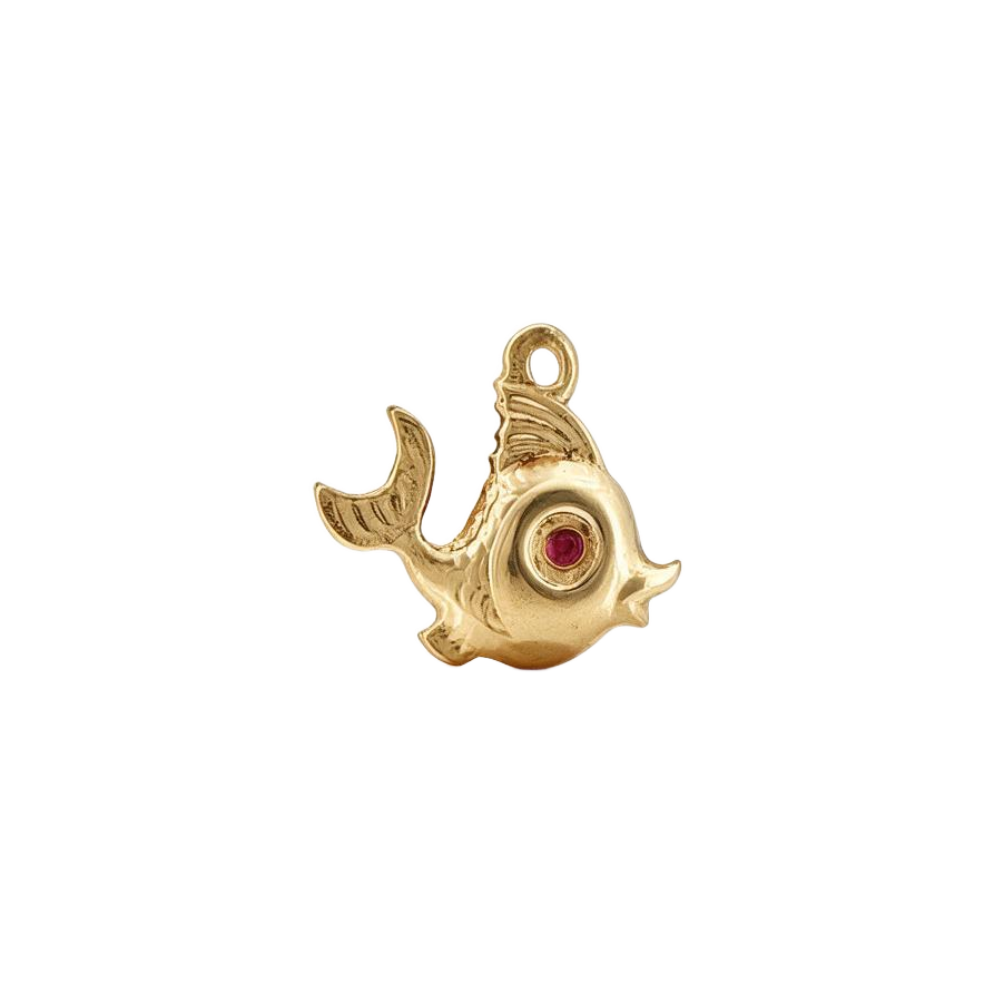 14K Yellow Gold Vintage Fish with Pink Eye Accent Charm