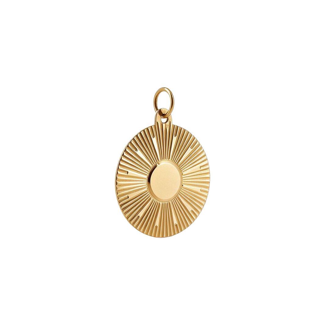 Angled view of 14k gold vintage sunburst medallion charm pendant