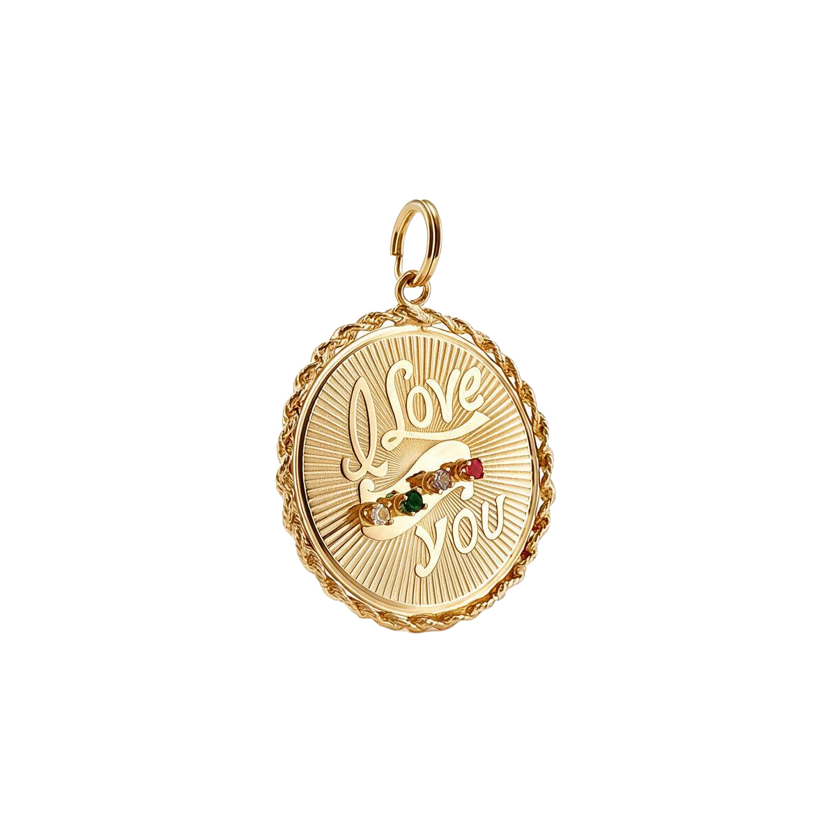 14 Karat Yellow Gold Vintage 1960s Diamond, Emerald, Imperial Topaz, and Ruby I Love You Gemstone Medallion Charm