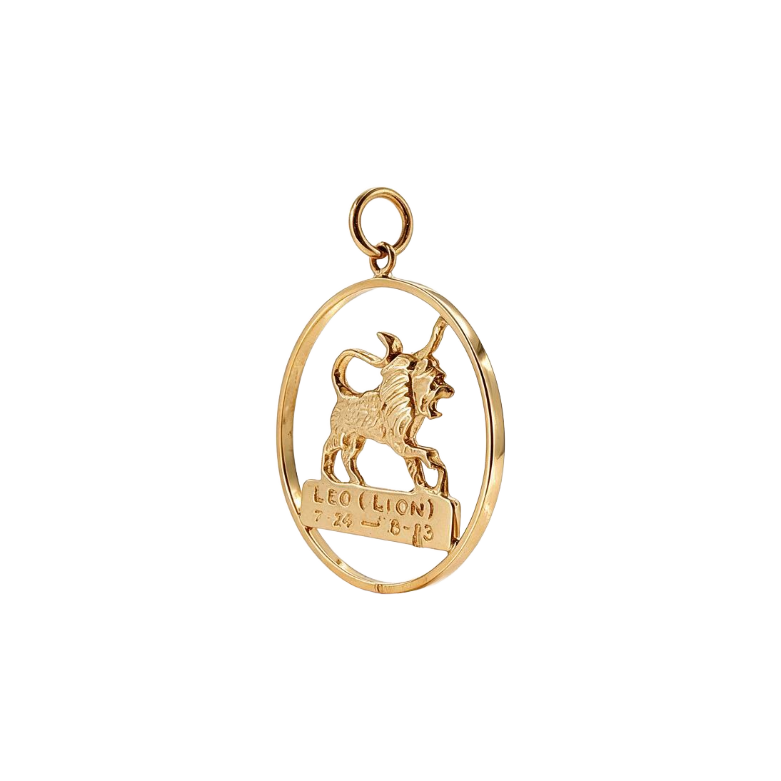 Angled view of 14k yellow gold vintage Leo lion zodiac charm in an open circle frame
