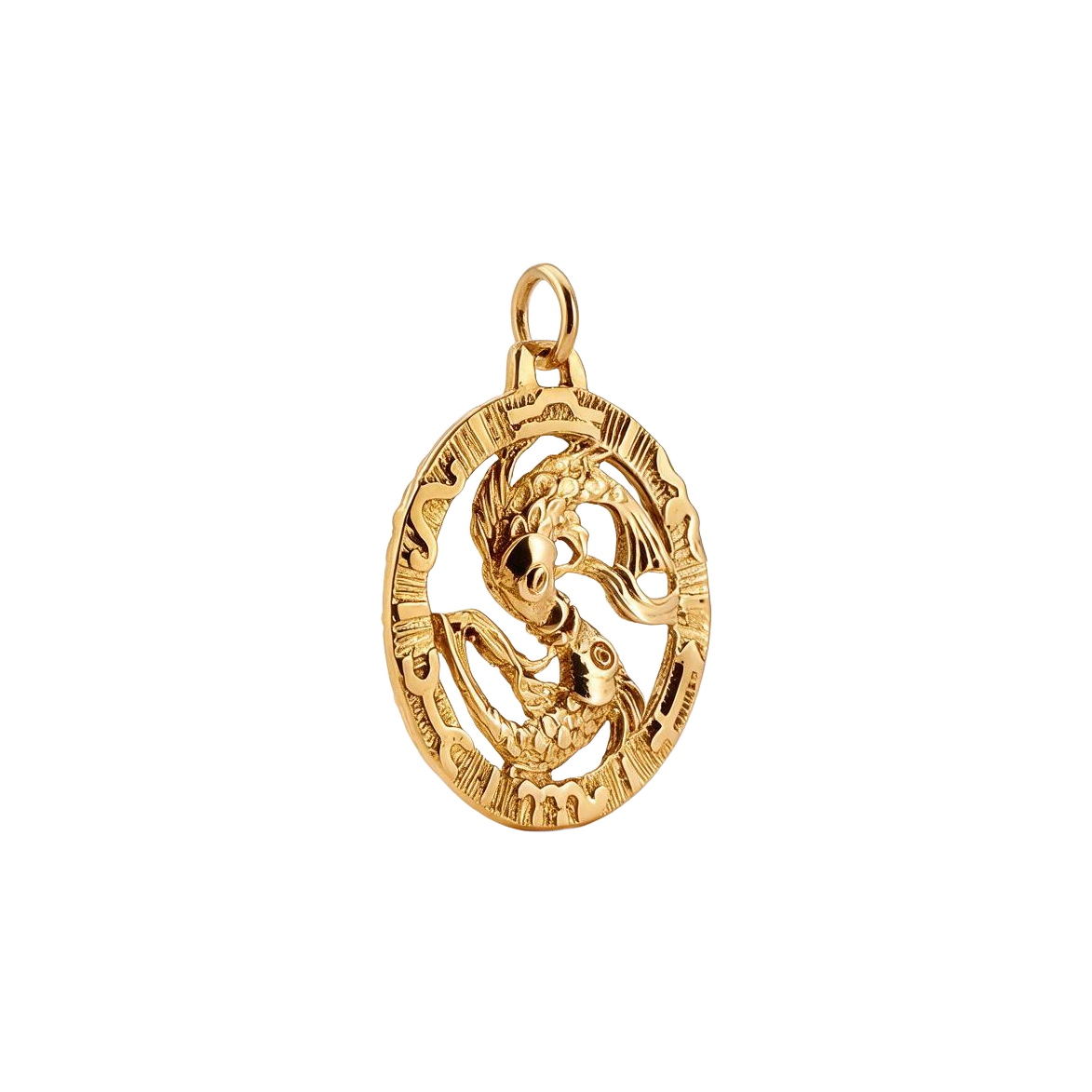 Angled view of 14k yellow gold vintage Pisces double fish openwork zodiac charm