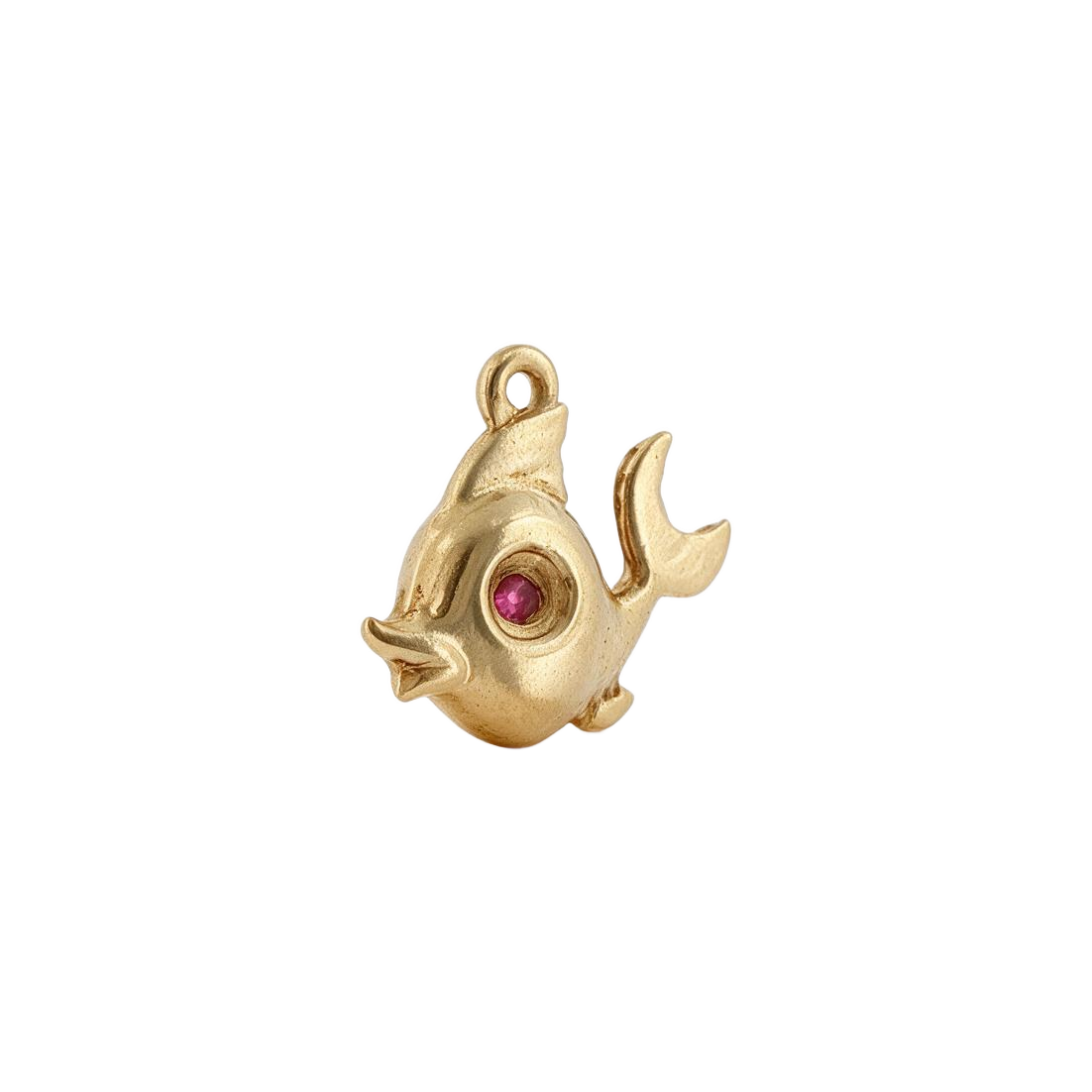 14K Yellow Gold Vintage Fish with Pink Eye Accent Charm