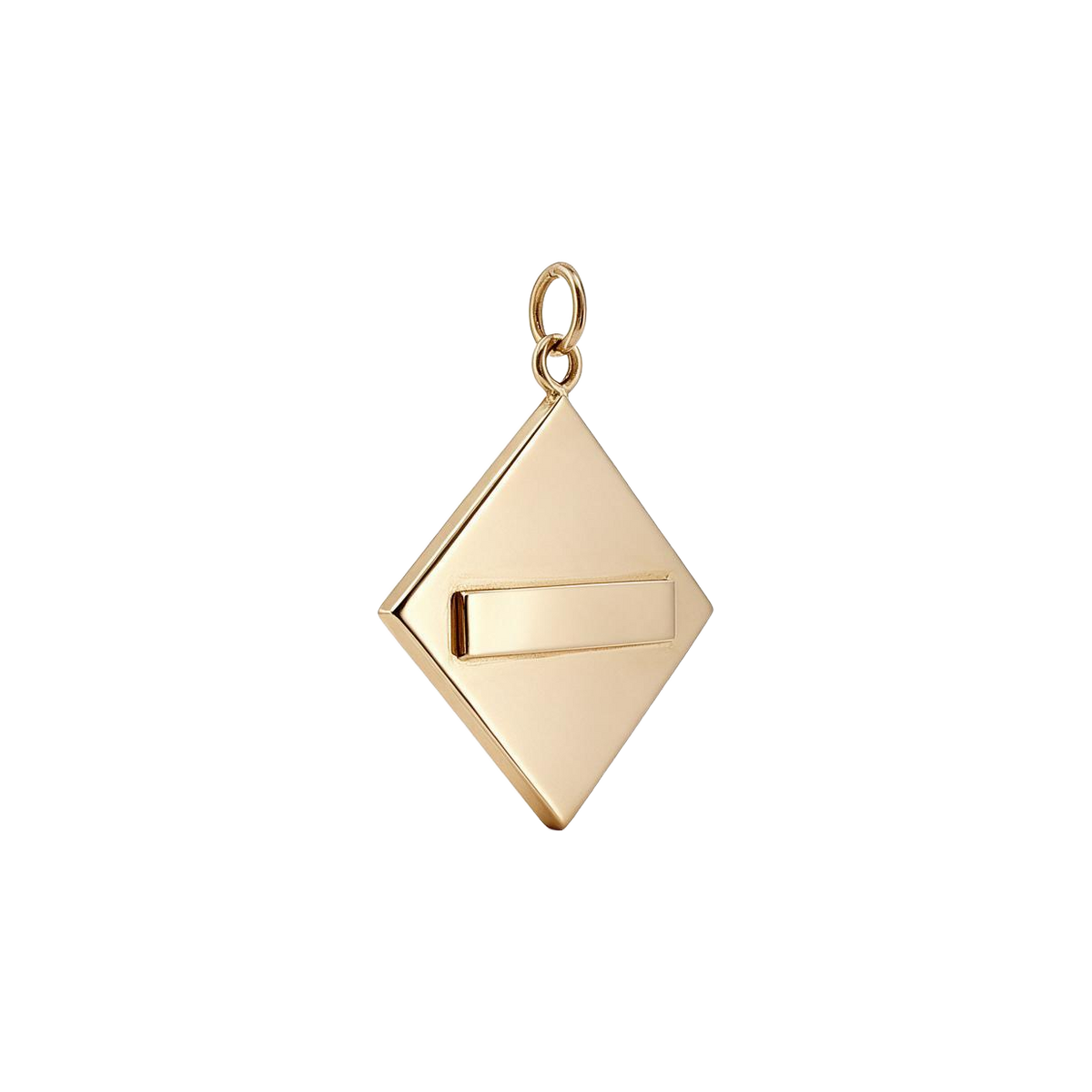Angled back view of 14k gold Aries charm with engravable bar and jump ring bail