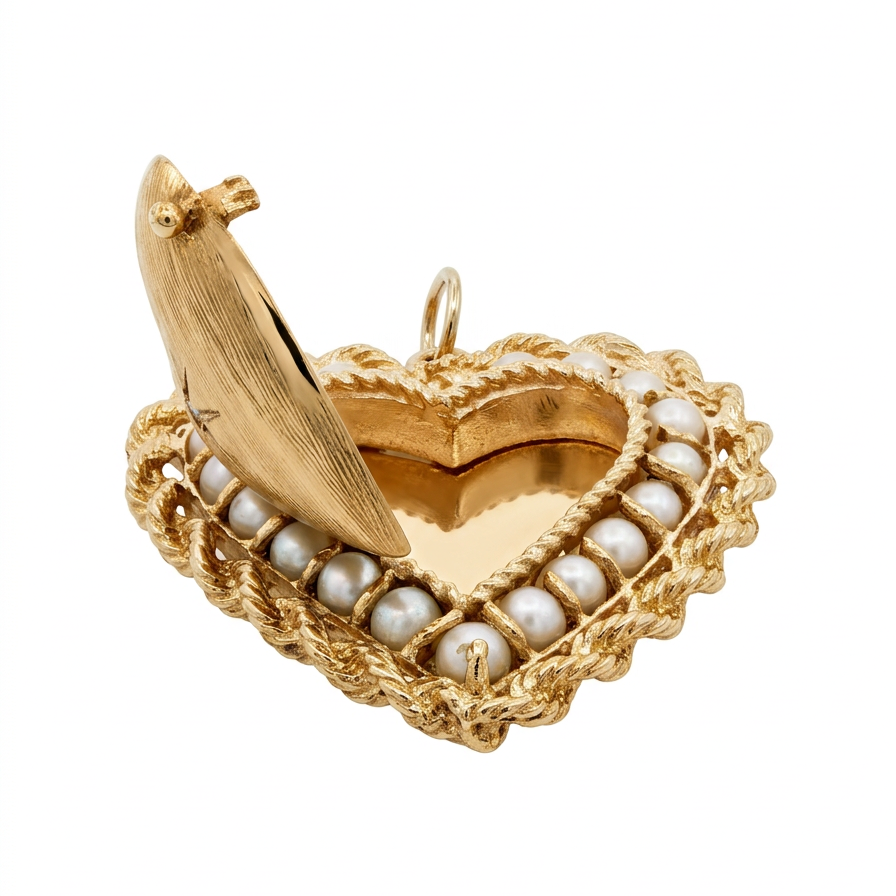 14 karat yellow gold 1970s heart locket with pearl halo and polished interior compartment, open view