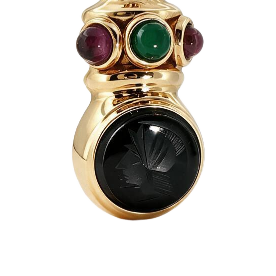 Close-up of the carved bloodstone Greek warrior intaglio with ruby and emerald cabochons