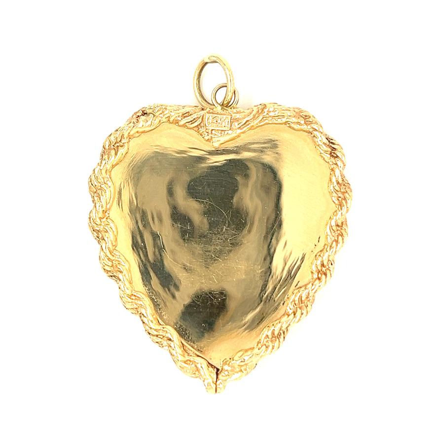 14 Karat Yellow Gold Vintage 1950s Diamond Cluster Engine Turned Heart Charm - image 3