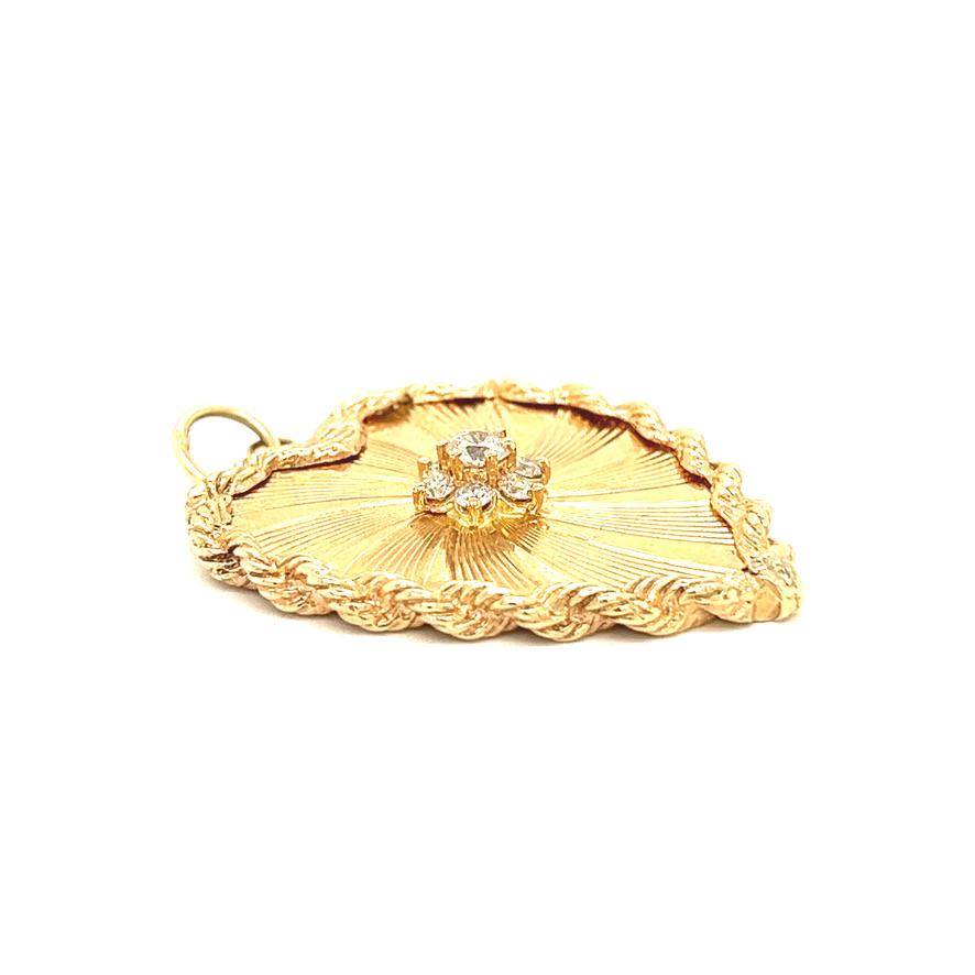 14 Karat Yellow Gold Vintage 1950s Diamond Cluster Engine Turned Heart Charm - image 2