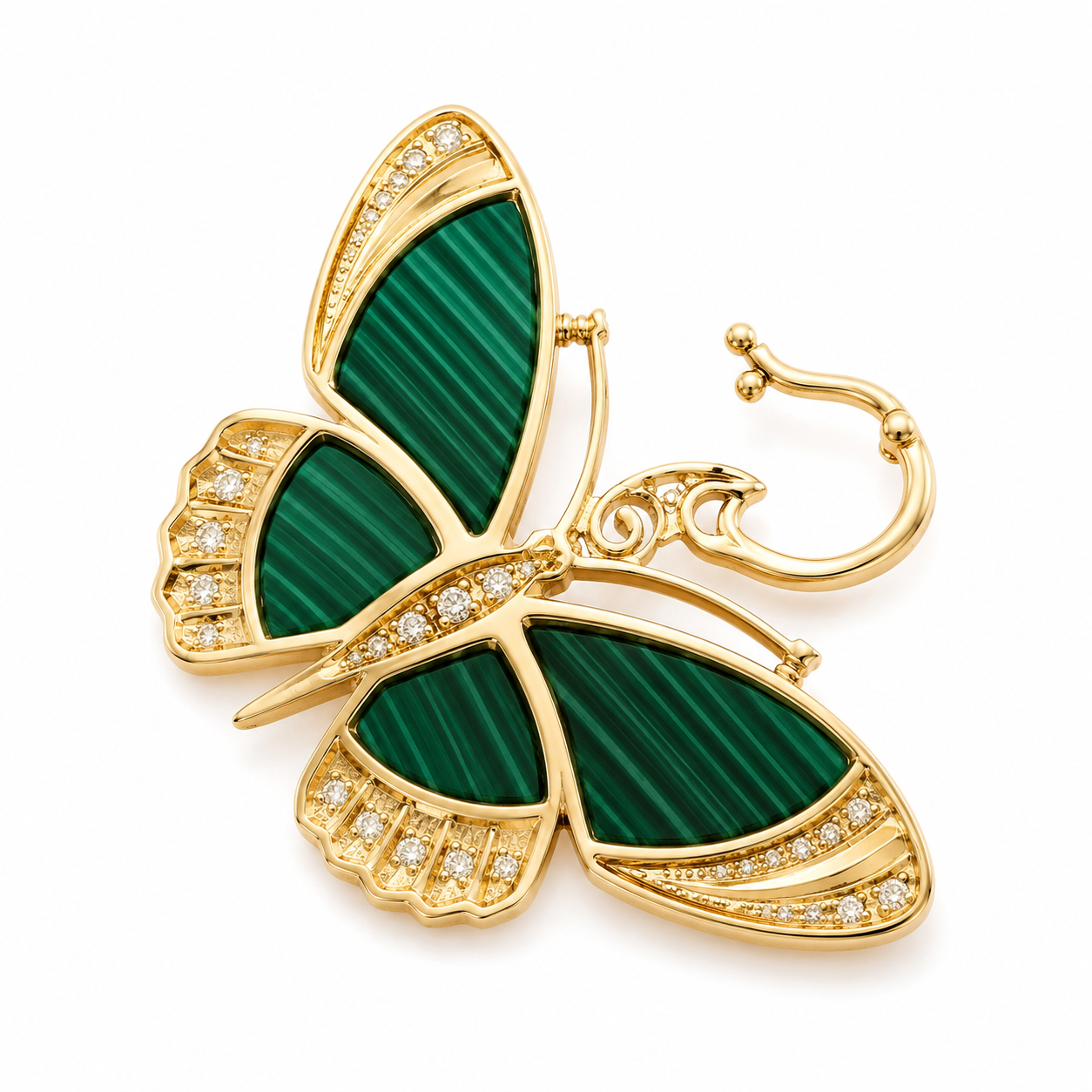 14k Yellow Gold Malachite Diamond Openable Clasp Butterfly Charm