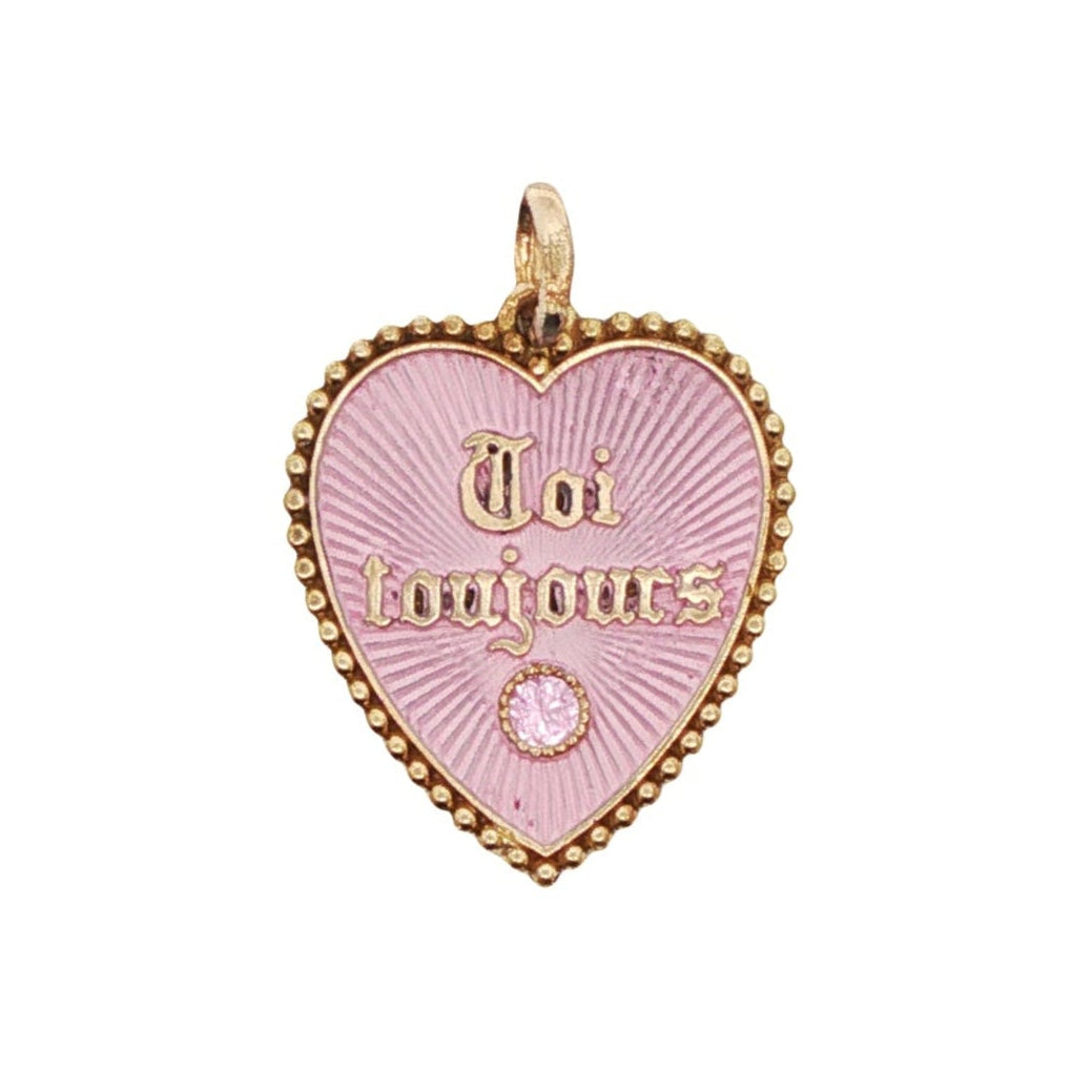 1970s 18k yellow gold vintage French heart charm with pink enamel and pink sapphire – front view